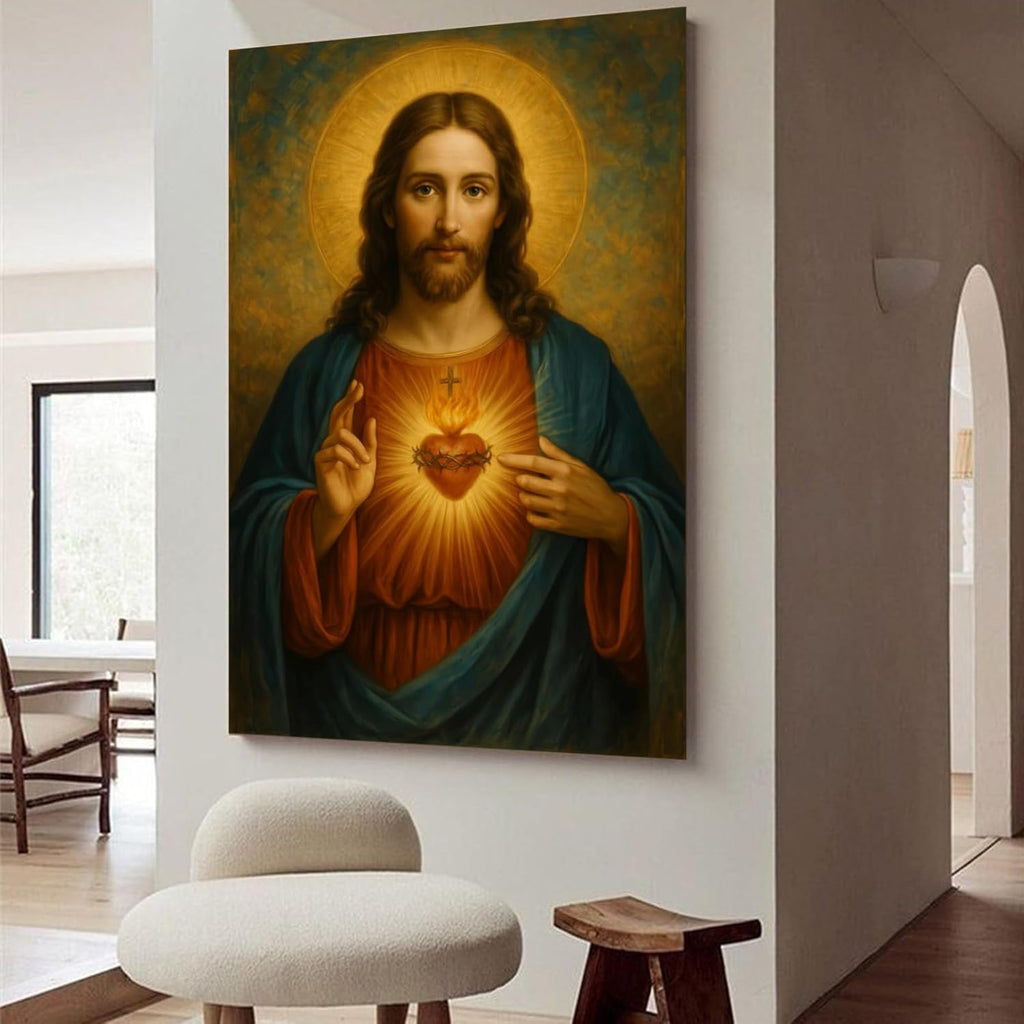 Luxe Blue Canvas Wall Art — 36" — Golden Sacred Heart of Jesus