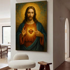 Luxe Blue Canvas Wall Art — 36" — Golden Sacred Heart of Jesus