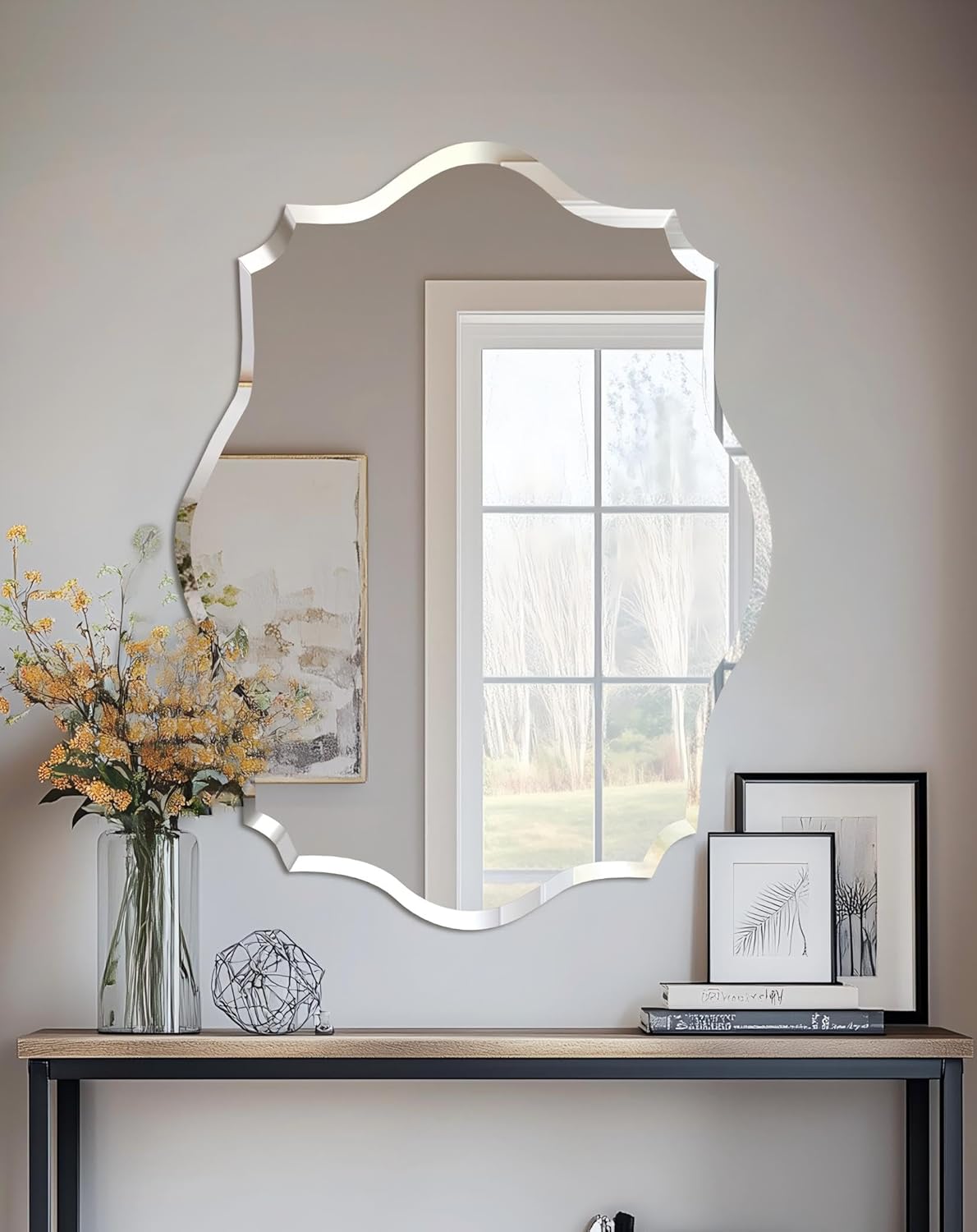 Beveled Beige Wall Mirror — 32" — Silver-scallop Oval