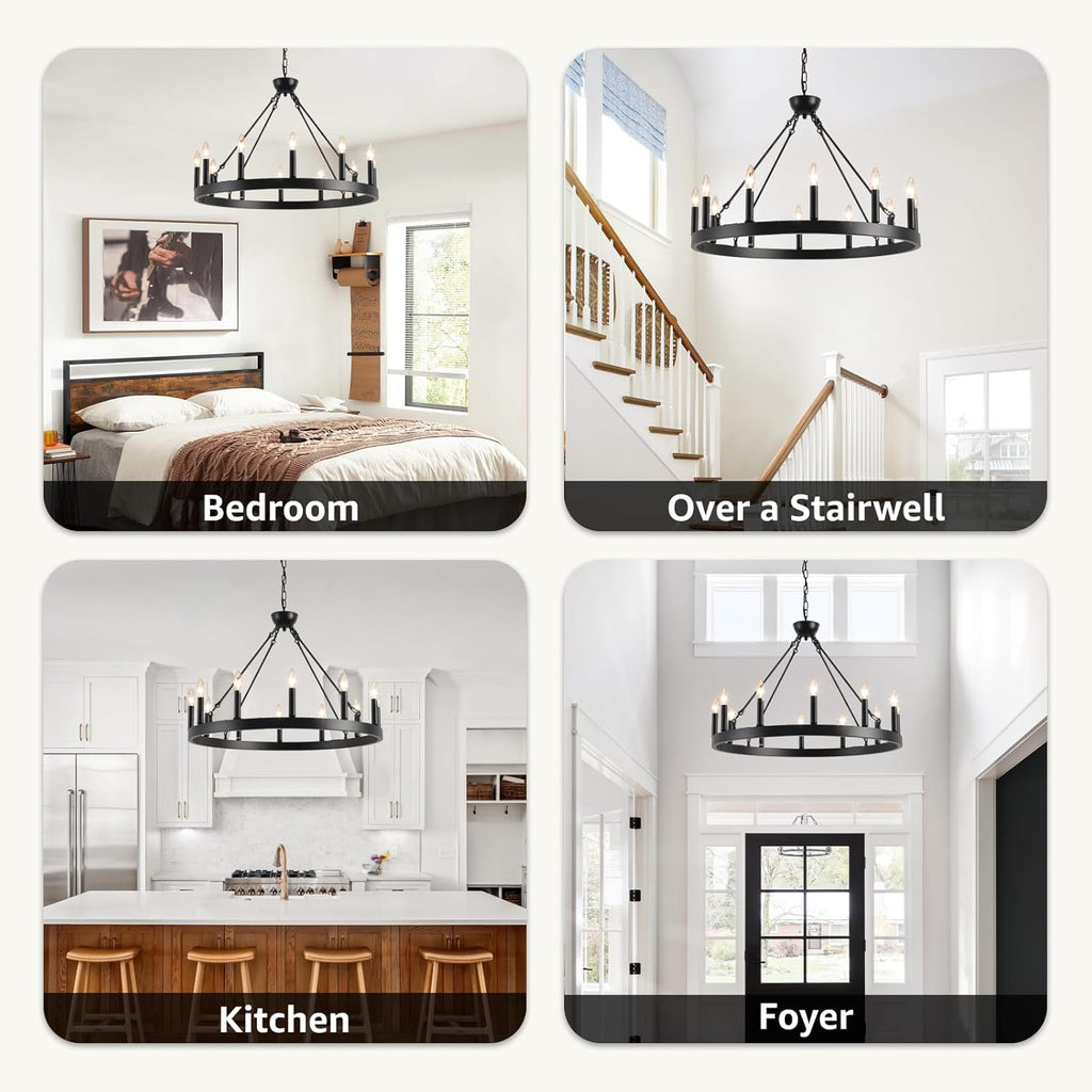 Round Farmhouse Black Chandelier — 12-Light - View 7