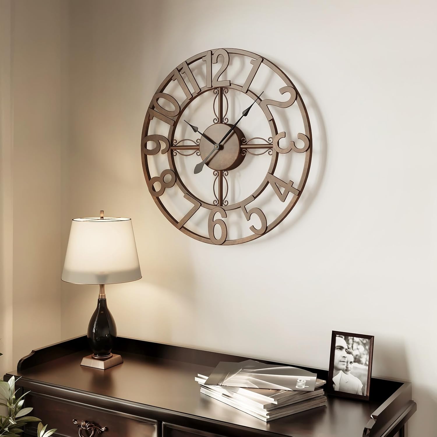 Battery-Operated Modern Black Wall Clock — 30" — Bronze Arabic Number