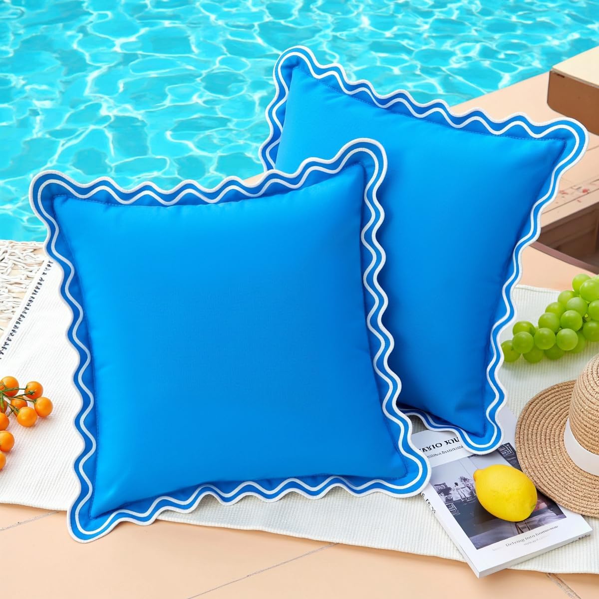 Embroidered Black Pillow Cover — 20" — Blue Scalloped Pillow Covers 18x18