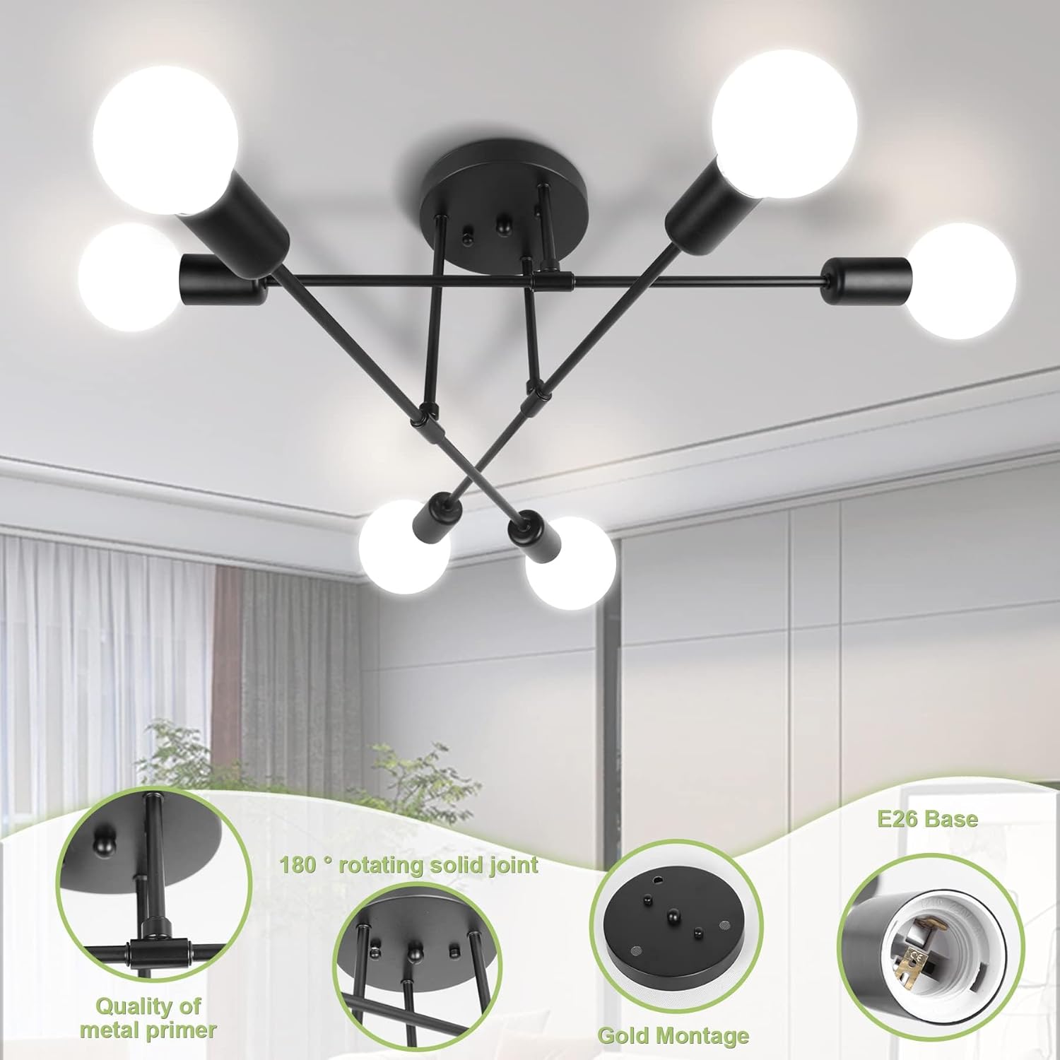 Mid-Century Black Chandelier — 6-Light - View 7