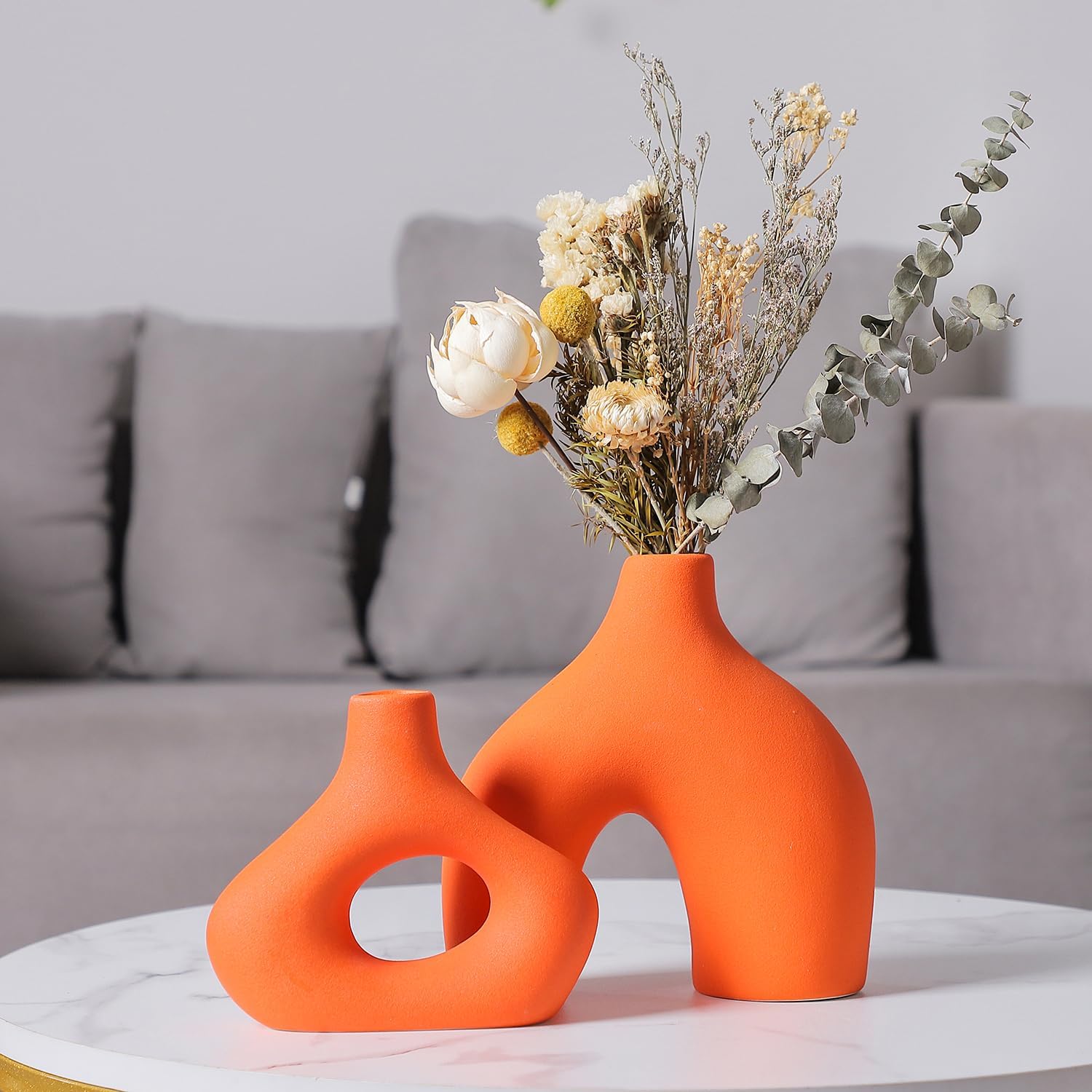 Round Boho Beige Vase Set — Set of 2 — Orange