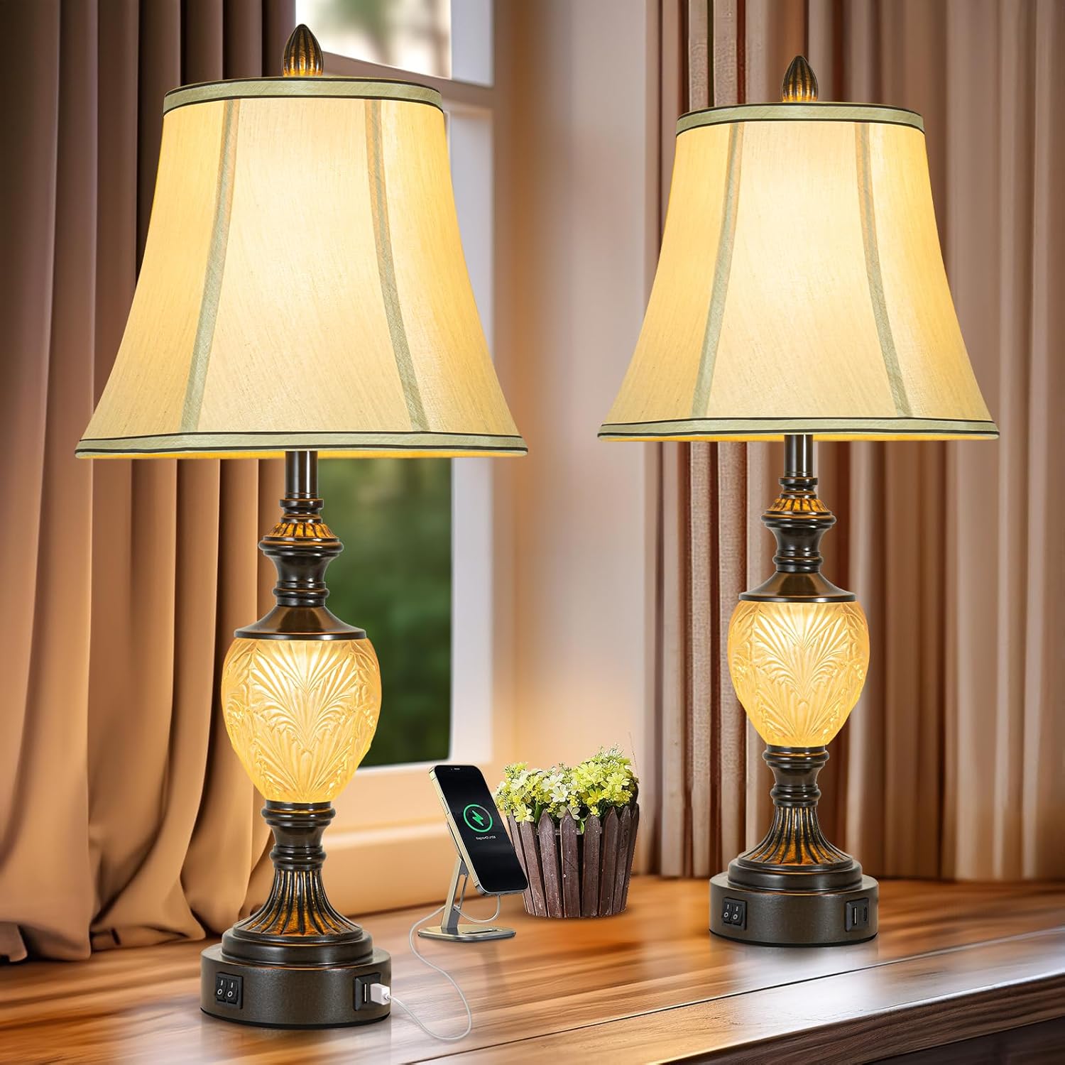 USB Beige Bedside Lamp — 28.5" — Dark Brown-Set of 2
