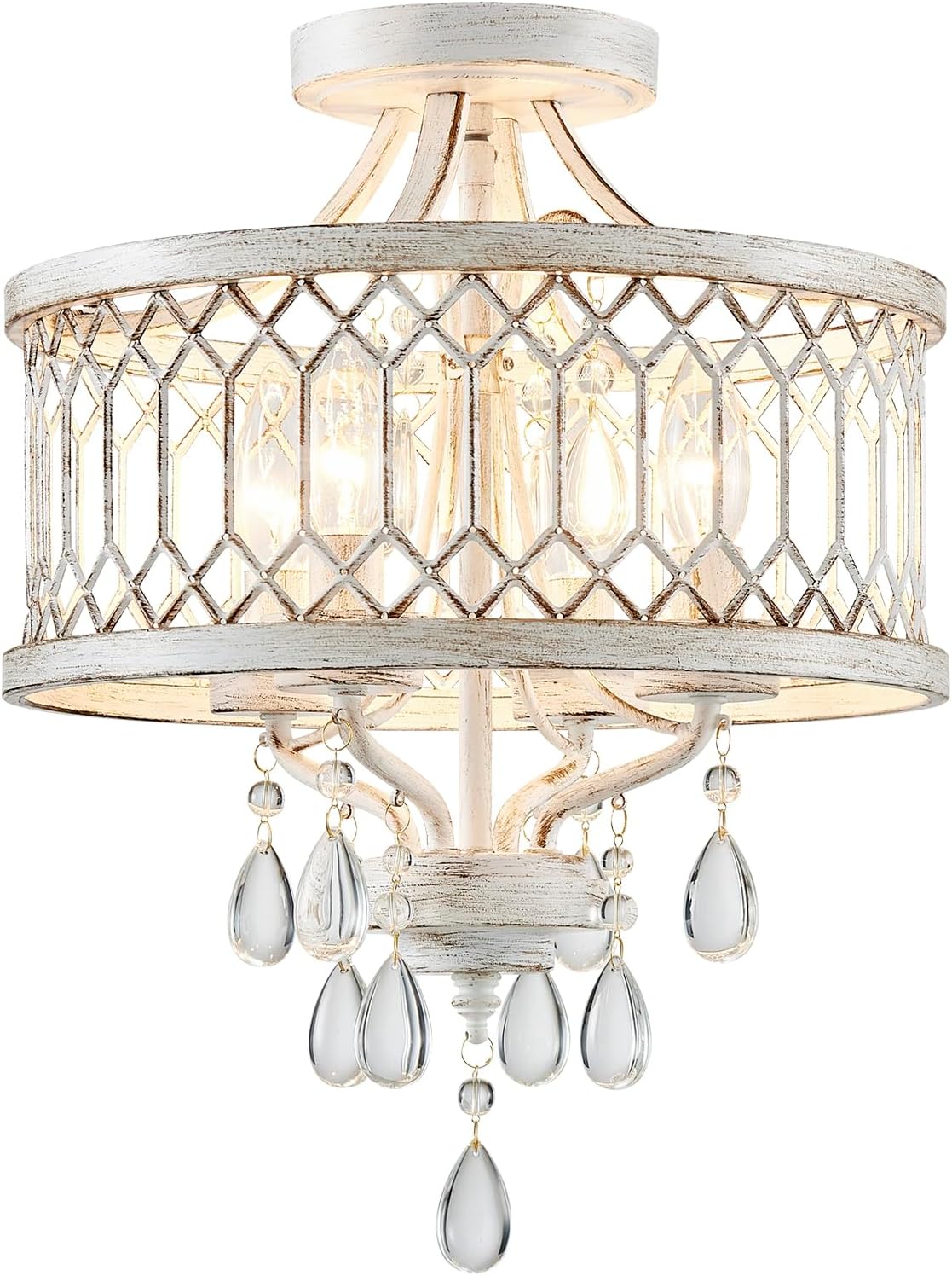 Round Farmhouse Gold Chandelier — 3-Light — Antique White, 4 Light