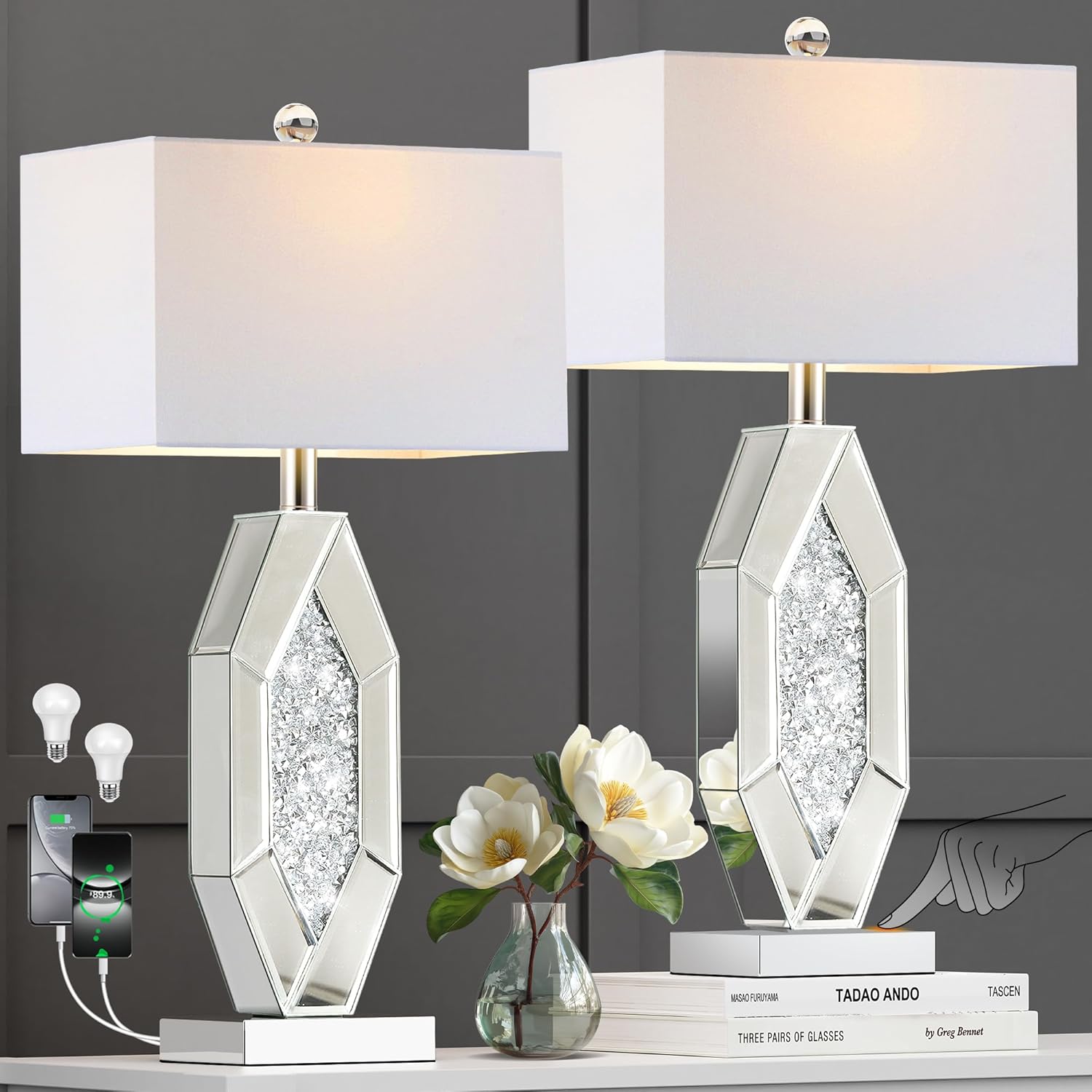 Dimmable Modern Silver Table Lamp — Set of 2 — Chrome