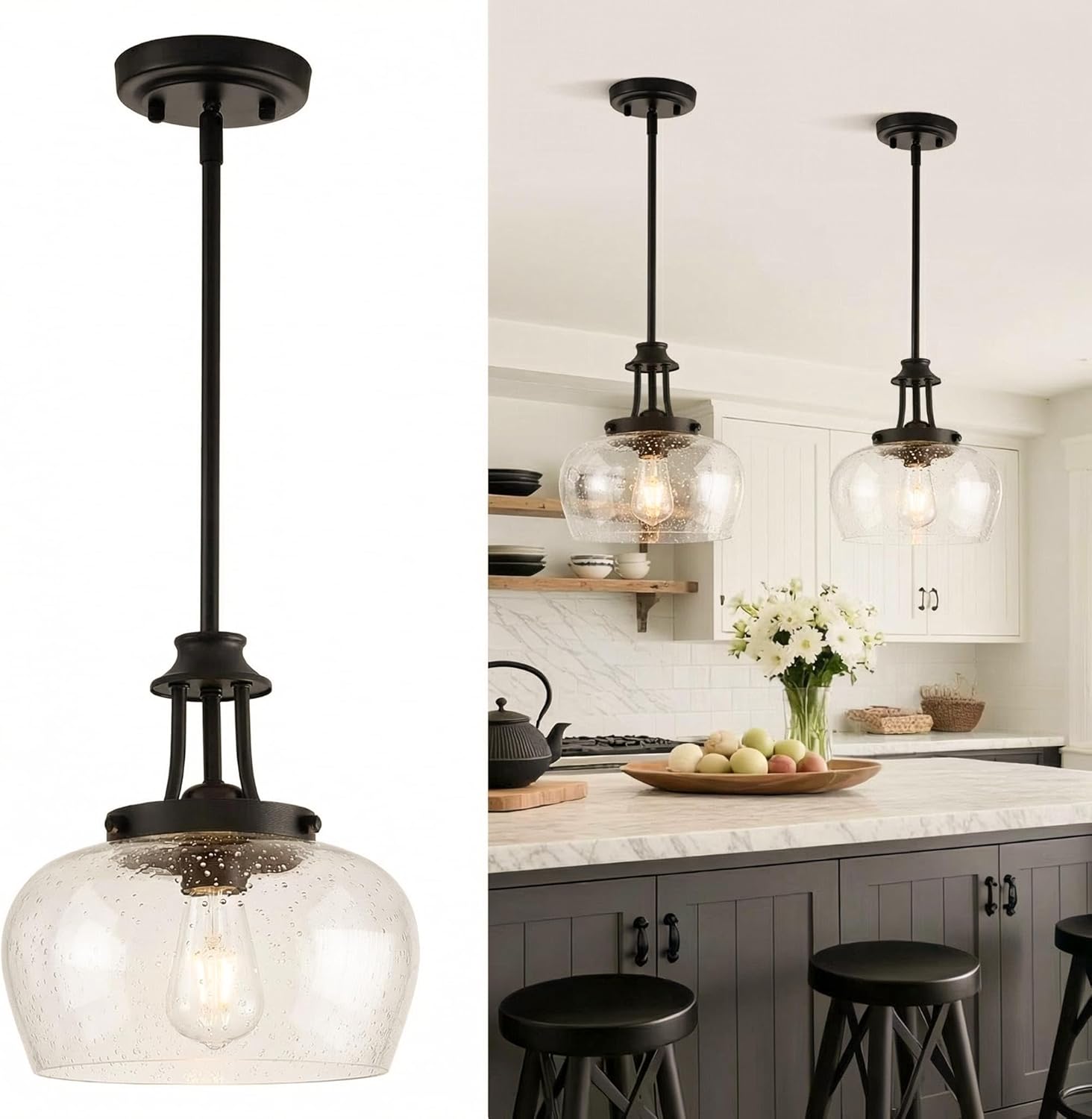 Modern Black Pendant Light — 10" — 1 Pack-Matte Black+Clear Air Bubble Glass-10"(Easy to Install)