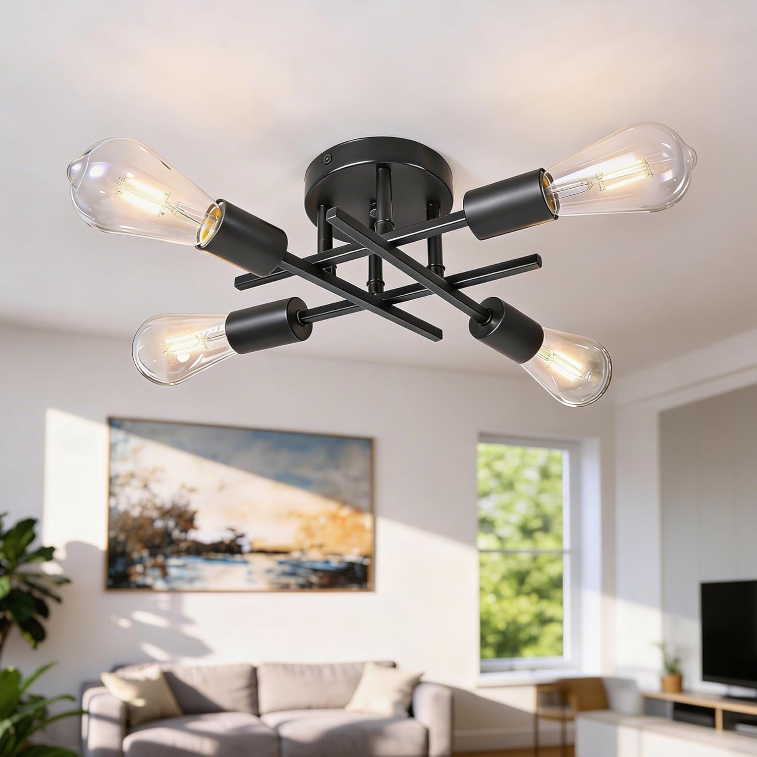 Farmhouse Black Chandelier — 6-Light — Matte Black（4-Light Square Tube）