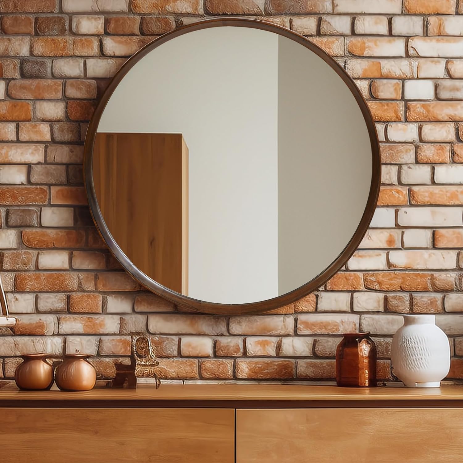 Beige Round Mirror — 24" — Brown