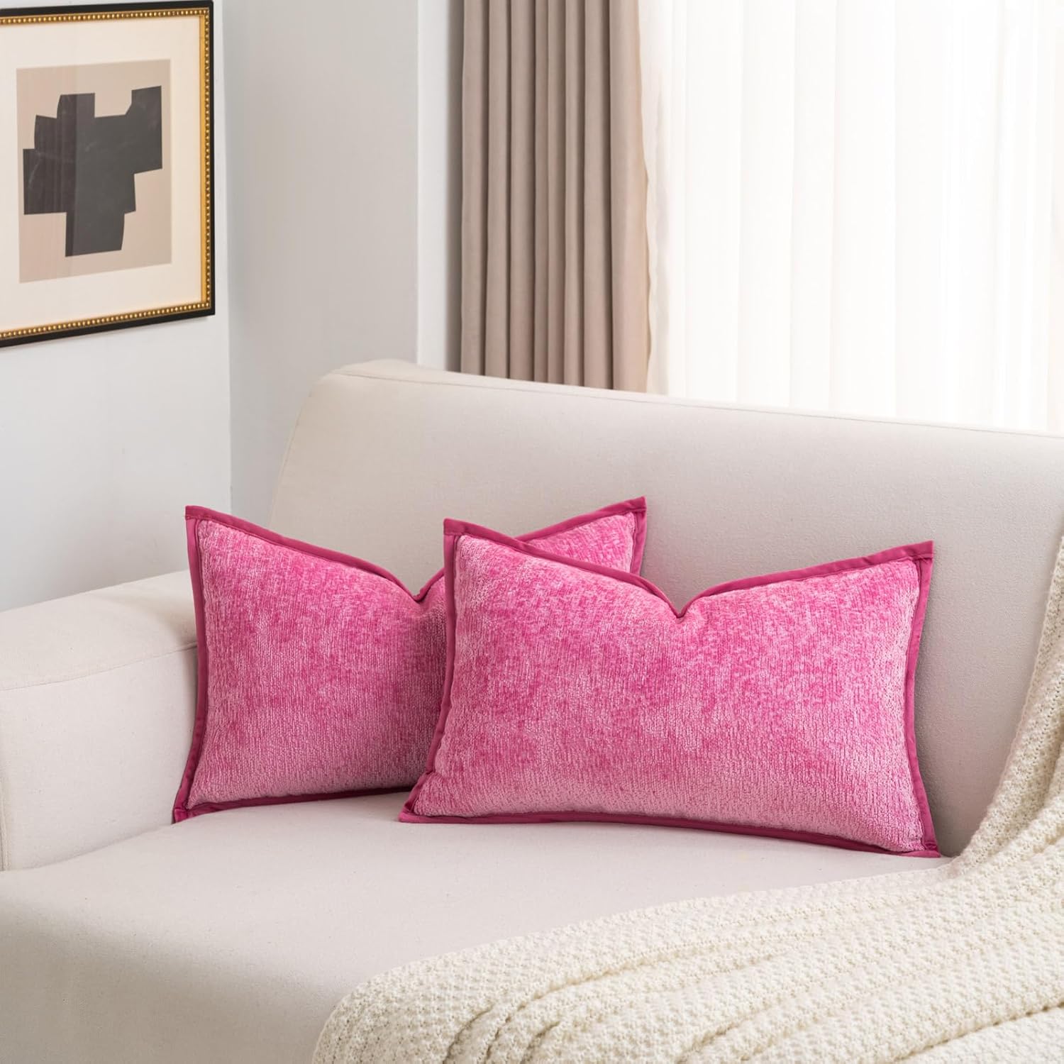 Chenille Beige Throw Pillow Cover — 20" — Hot Pink