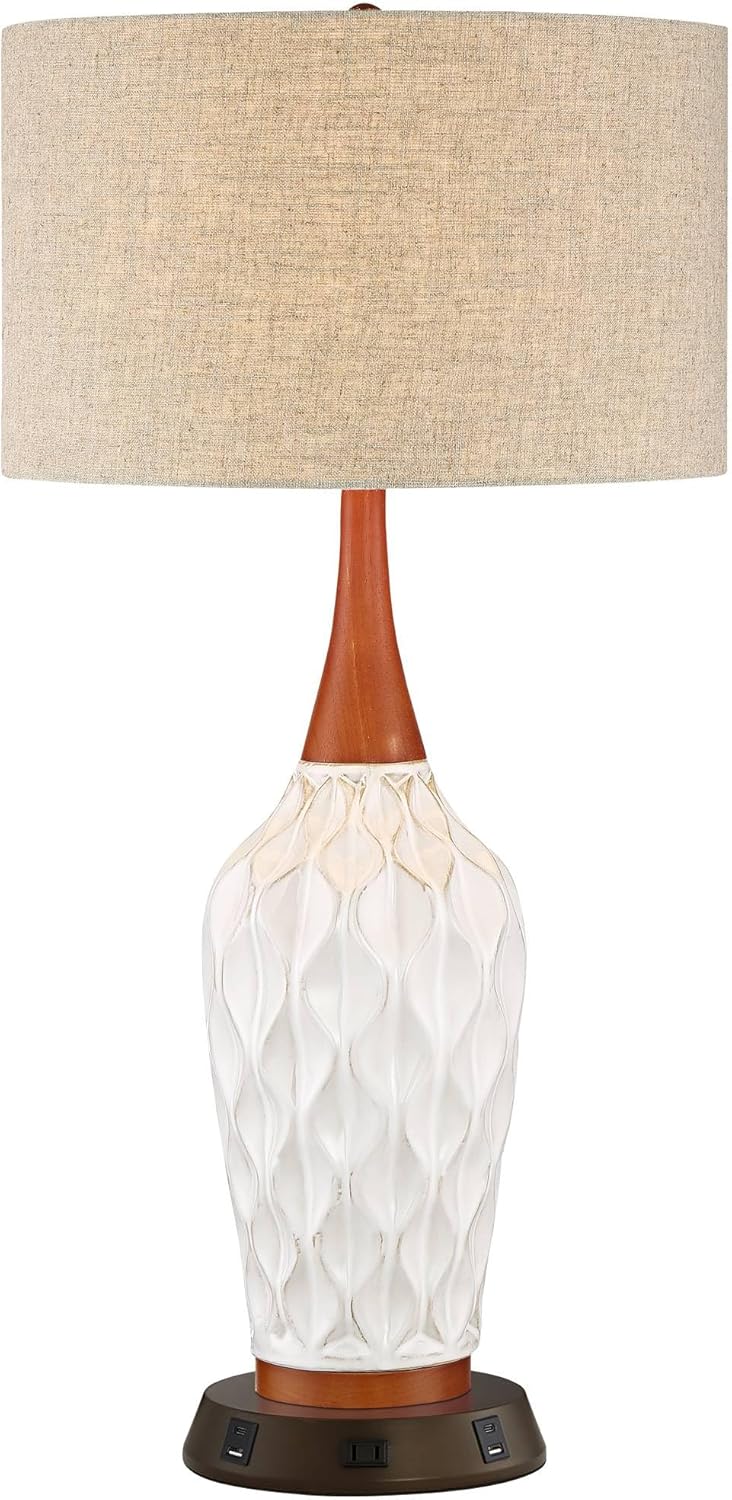 Linen Mid-Century Blue Table Lamp — 30" — White Ceramic with USB Workstation Base