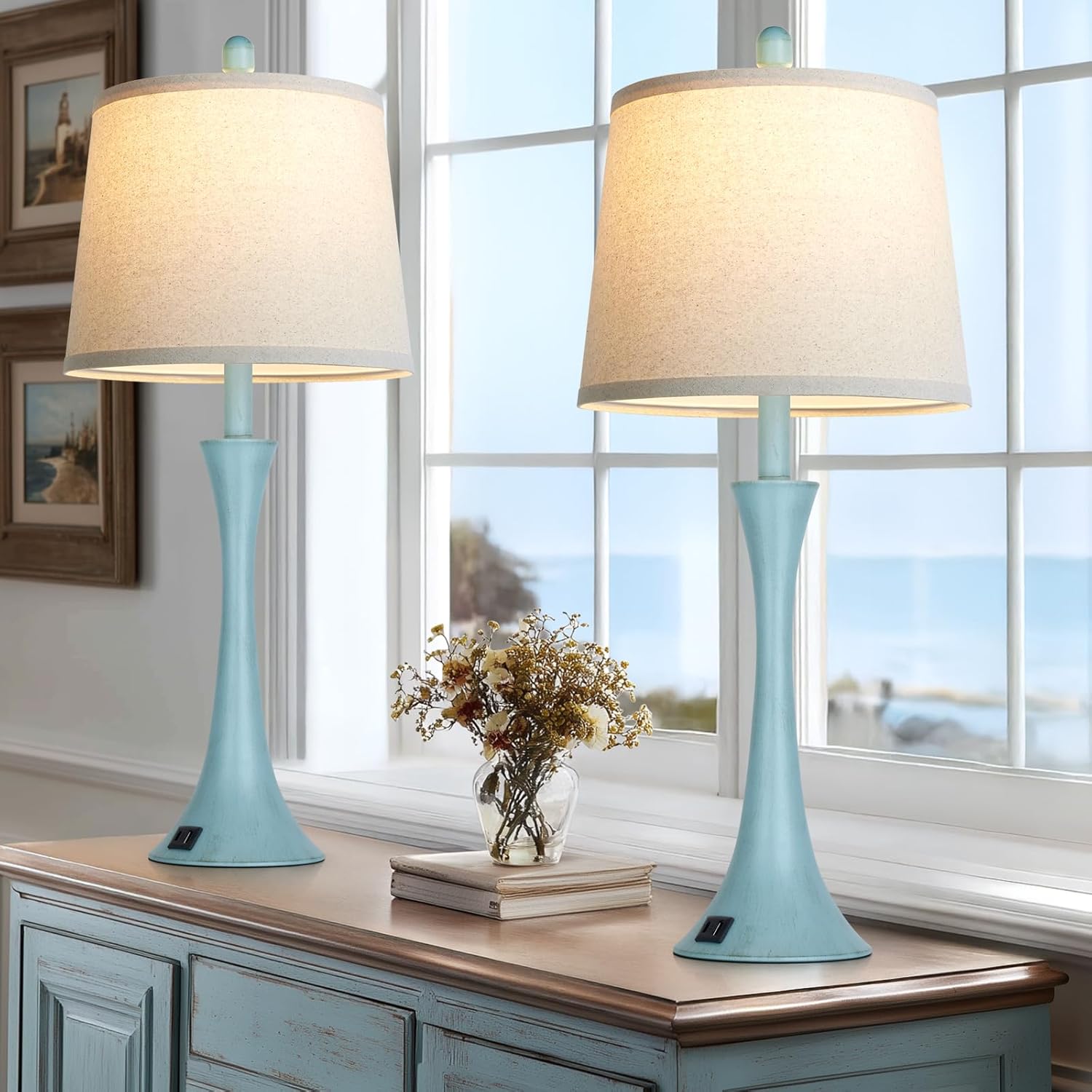 Dimmable Black Bedside Lamp — 27.5" — Blue(2 Pack)
