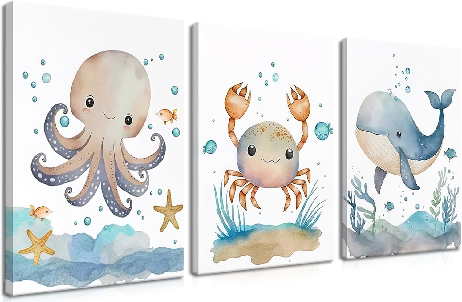 Framed Blue Canvas Wall Art — 12" — Marine Animals