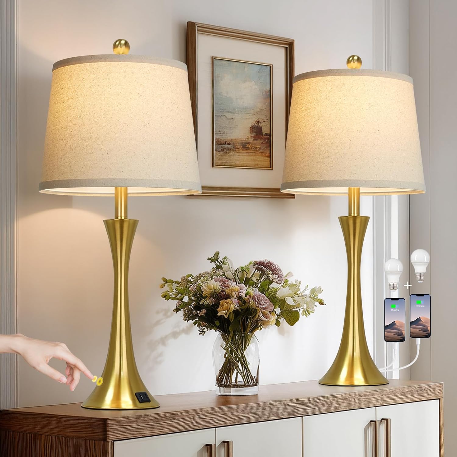 Dimmable Black Bedside Lamp — 27.5" — Gold