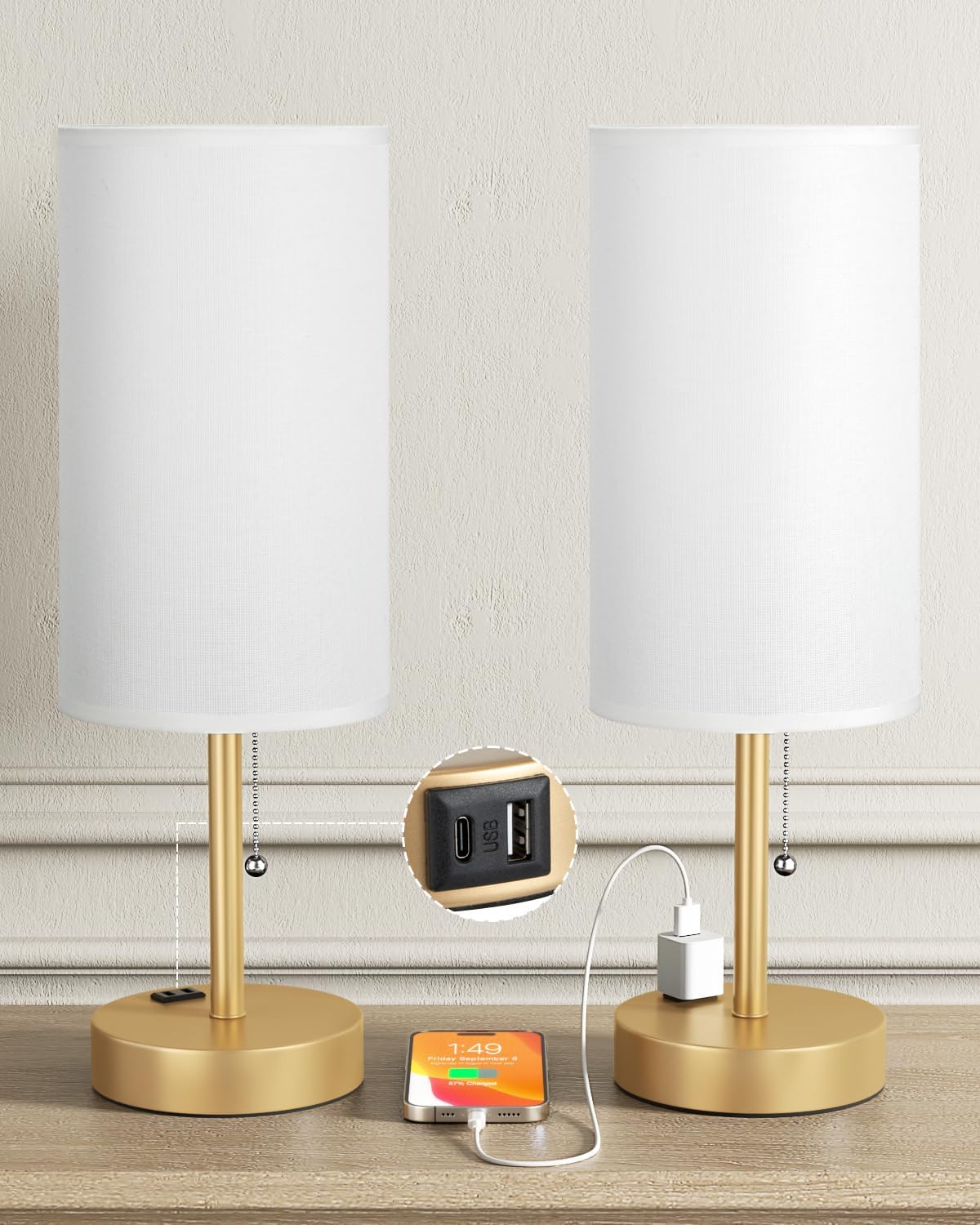 Round Beige LED Bulb — Set of 2 — Gold Shade