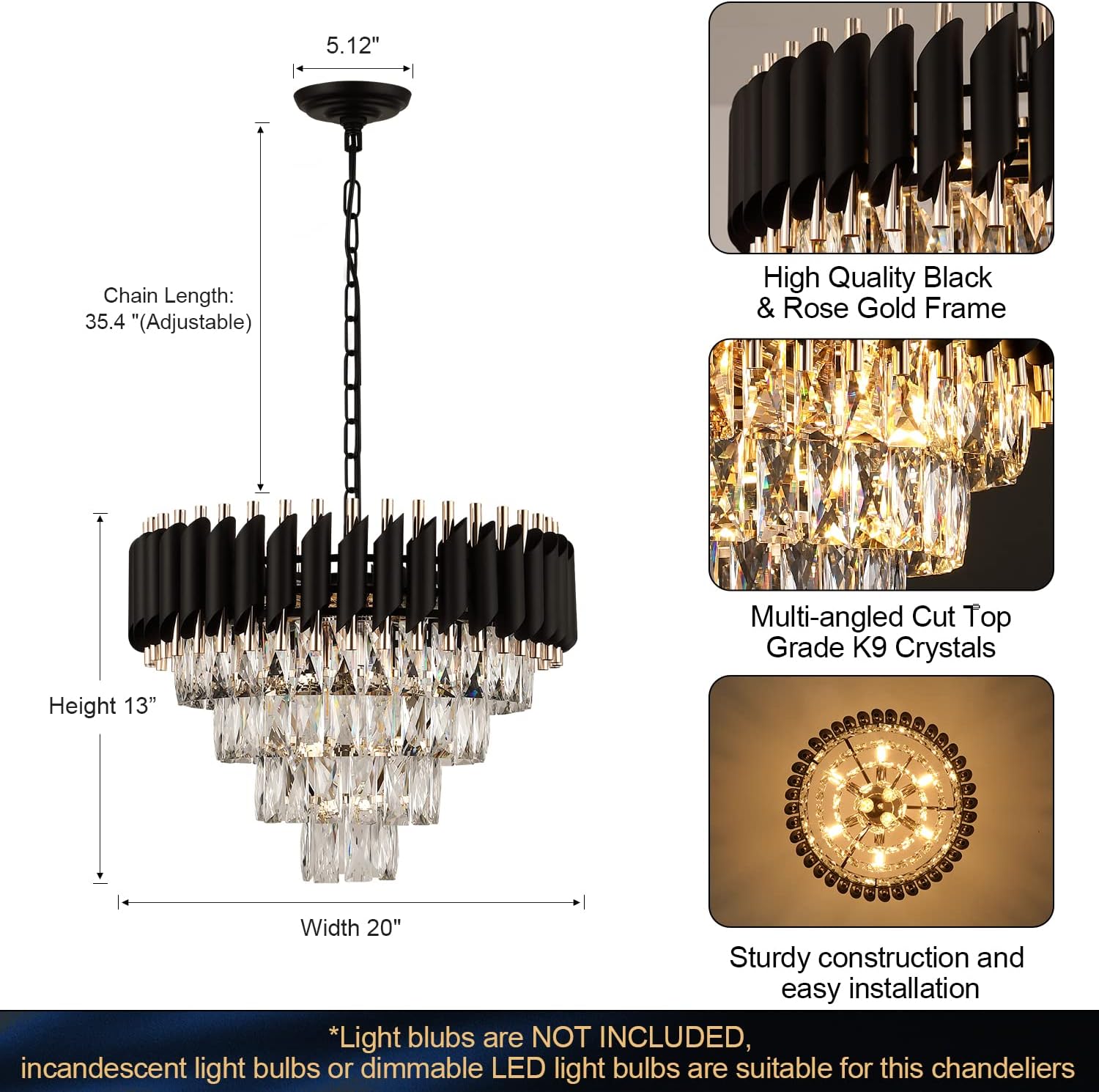 Luxe Black Chandelier — 20" - View 3