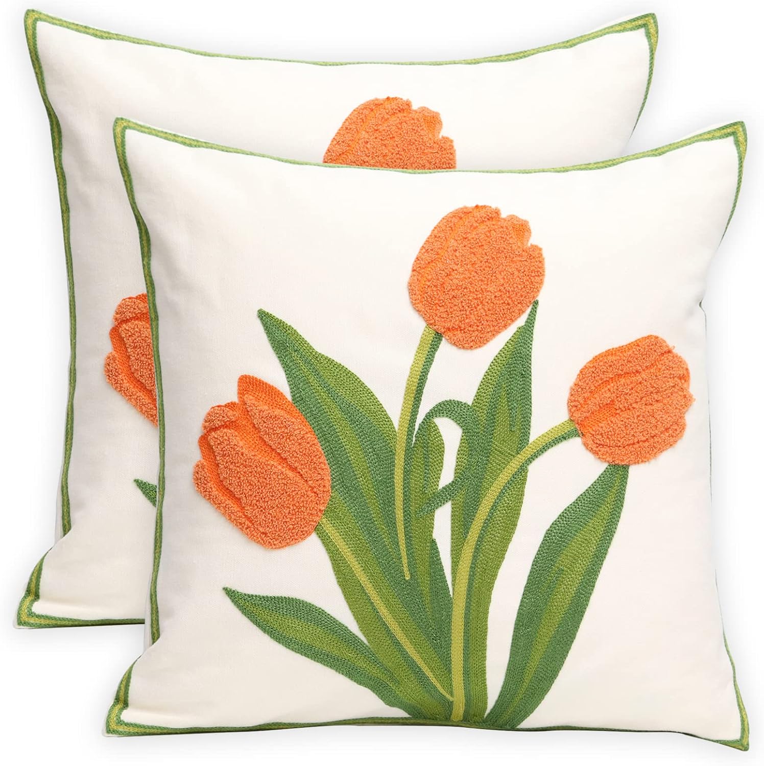 Embroidered Boho Blue Throw Pillow Cover — 18" — Orange Tulip
