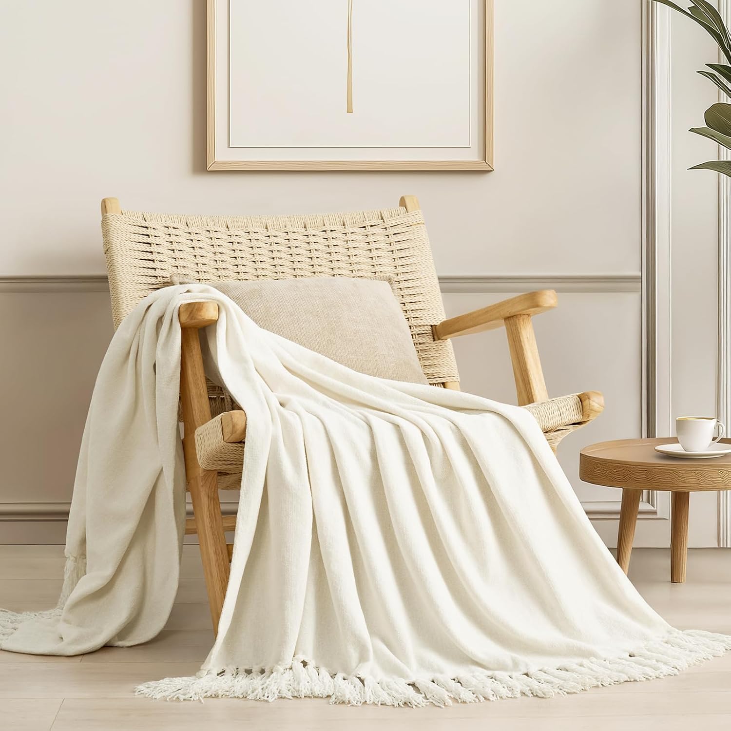 Knit Boho Beige Throw Pillow — 50" — Ivory White