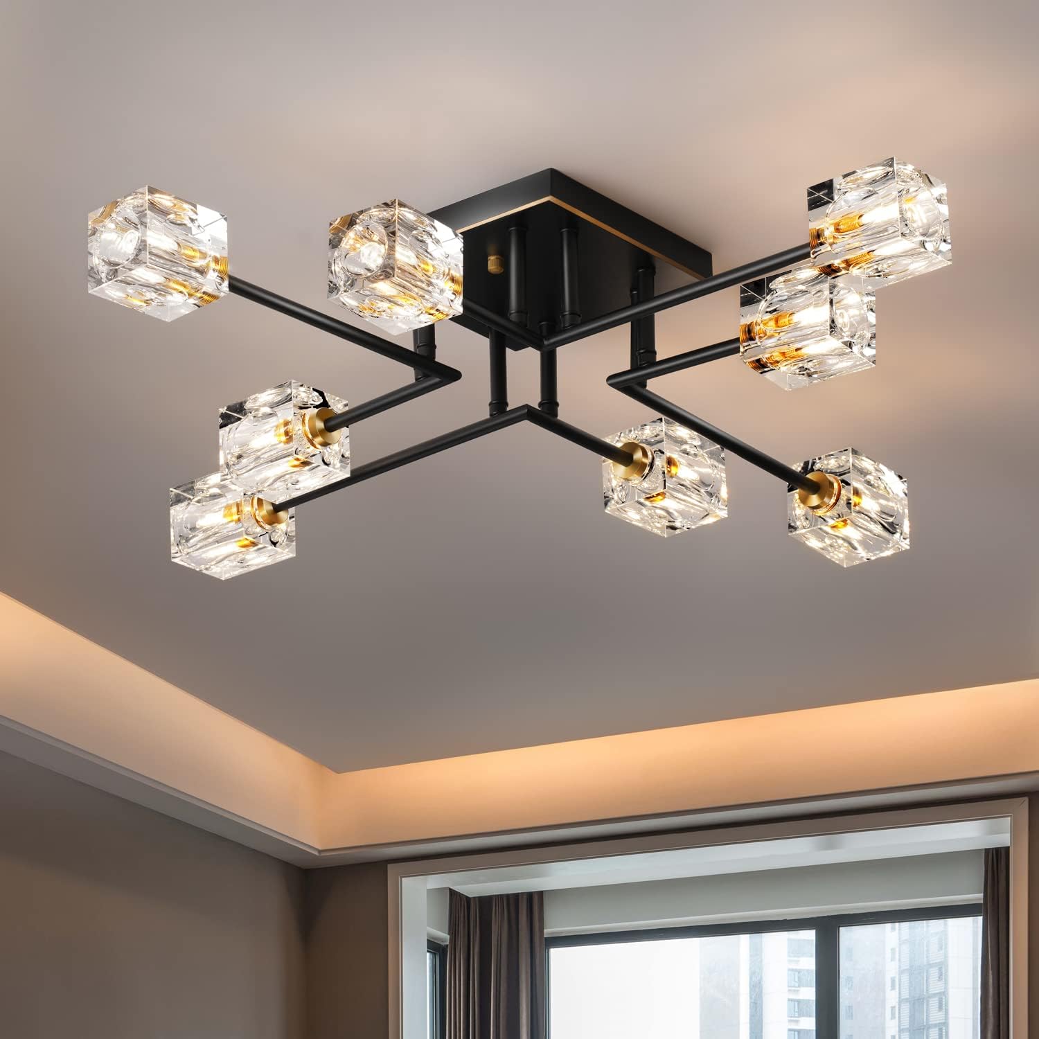 Adjustable Luxe Black Chandelier — 8-Light — Black+Gold (8-light)