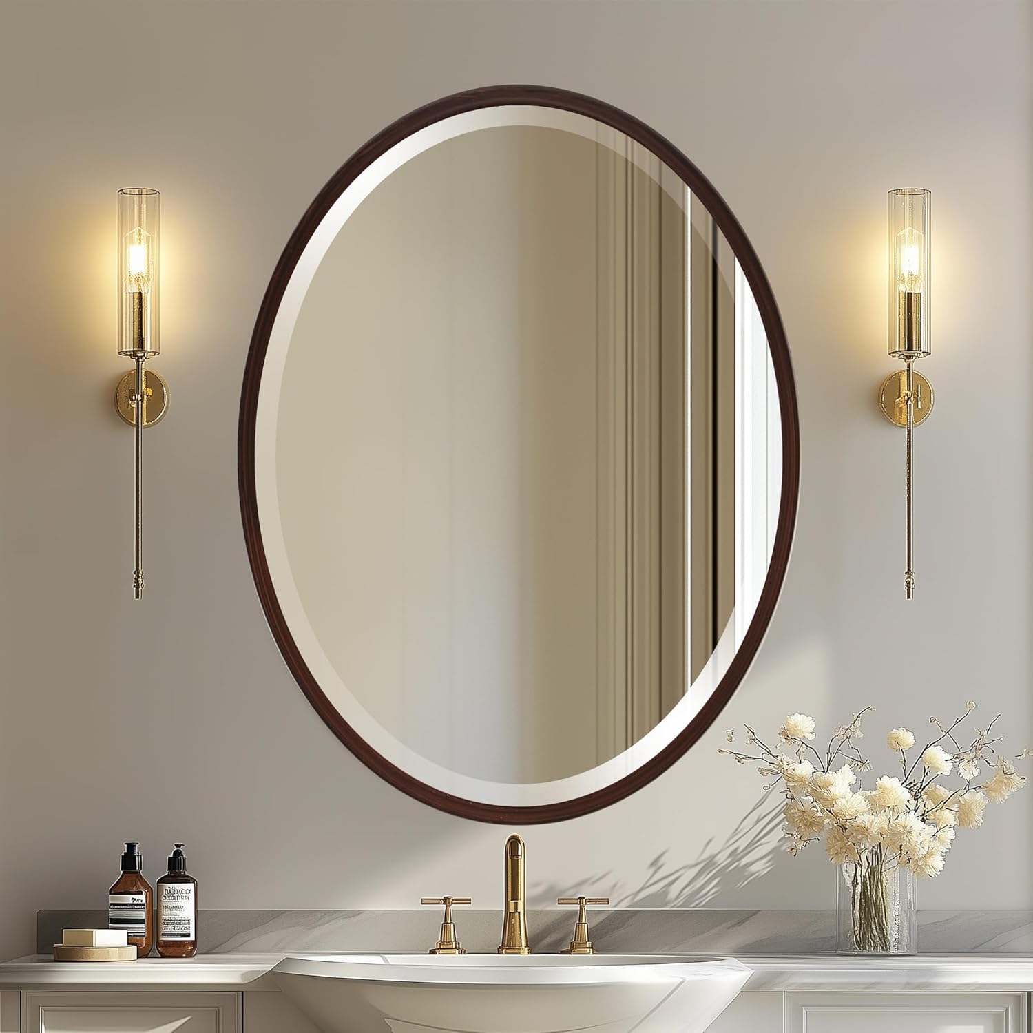 Beveled Luxe Beige Wall Mirror — 31" — Black Walnut