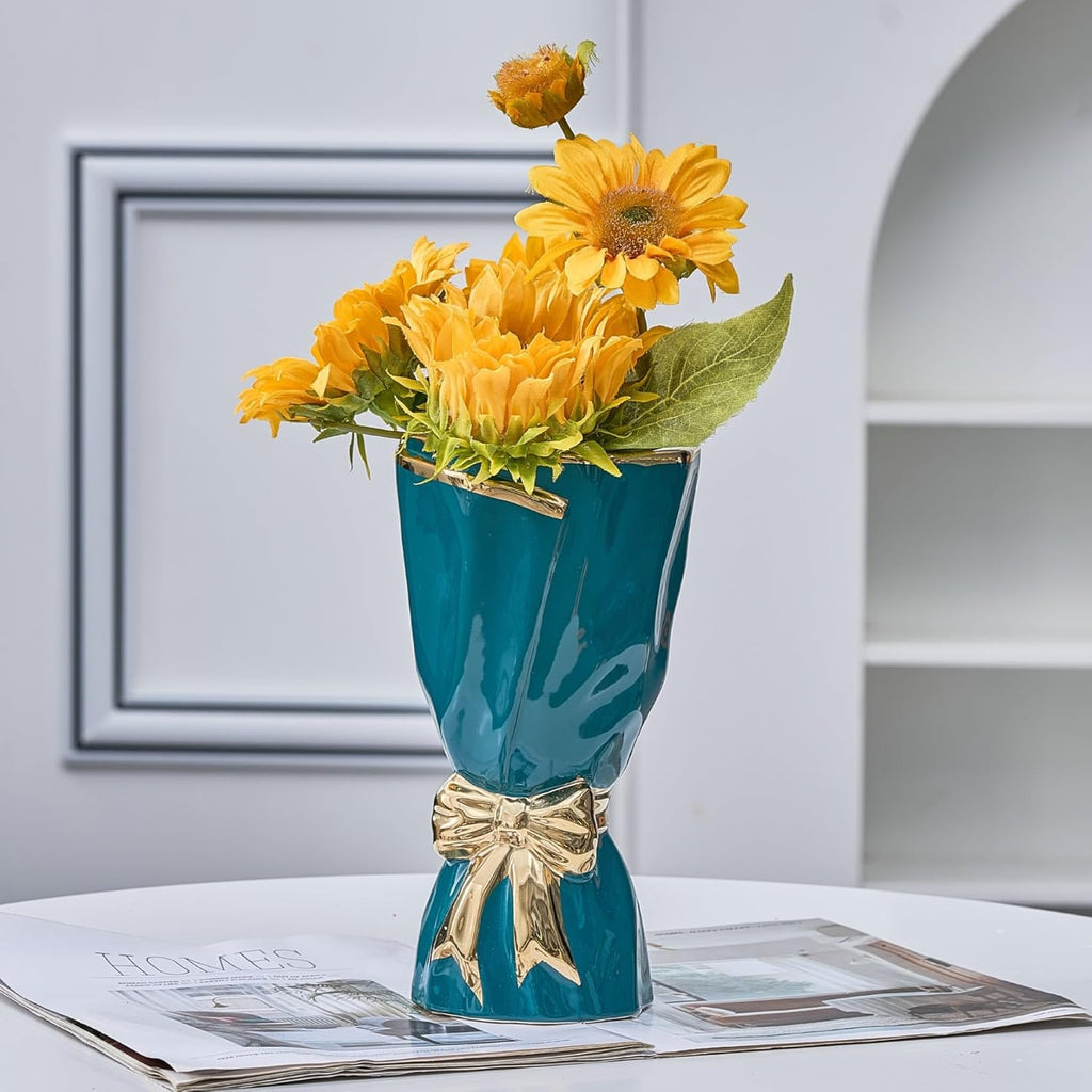 Boho Beige Flower Vase — 3" — Green and Gold