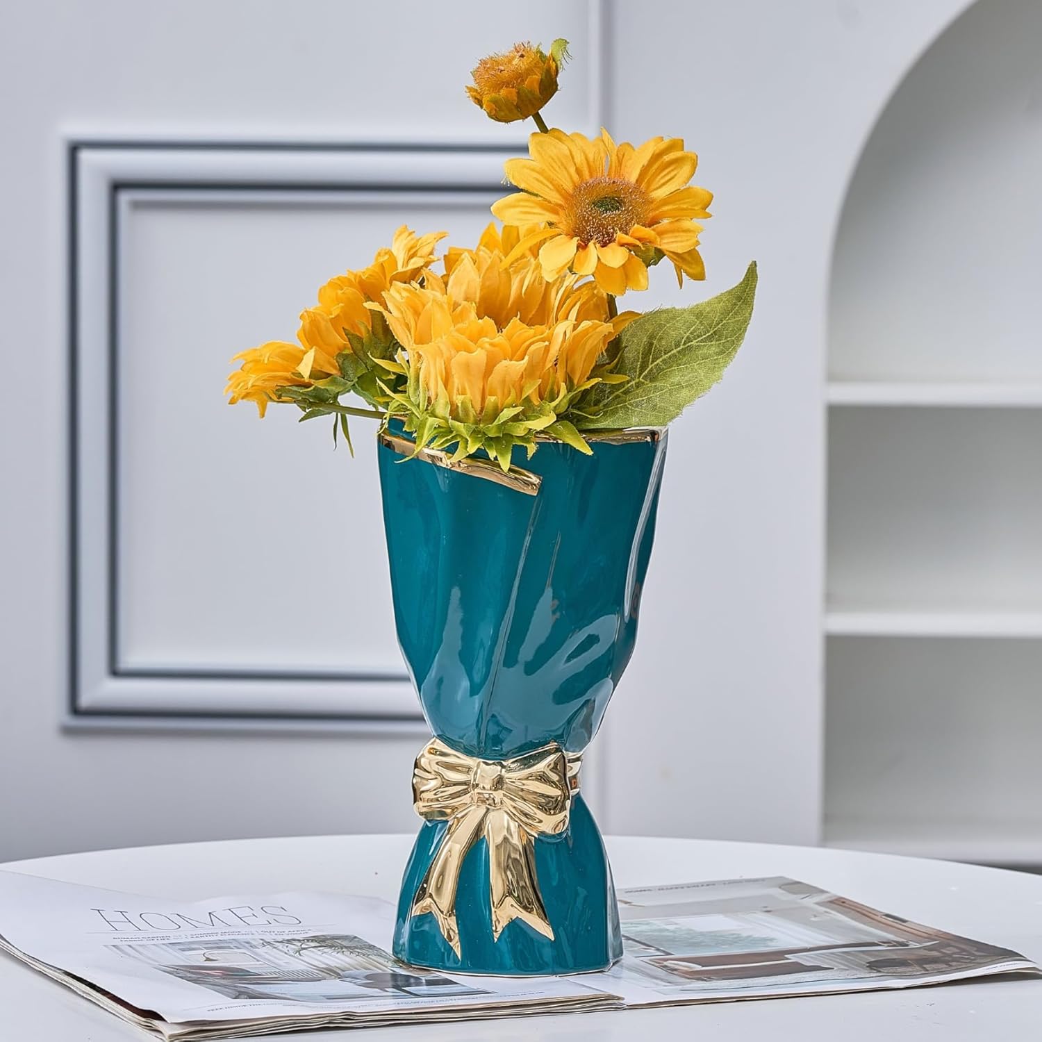 Boho Beige Flower Vase — 3" — Green and Gold