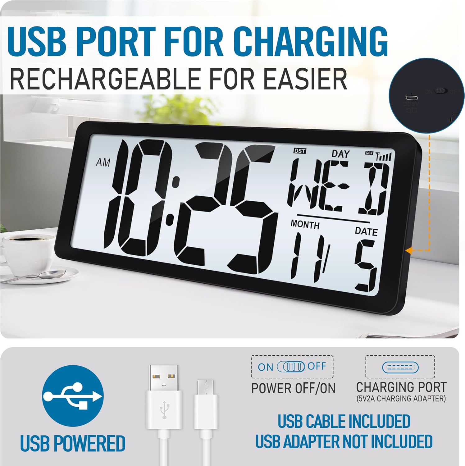 Rechargeable Mid-Century Black Wall Clock — 4.6" - View 2