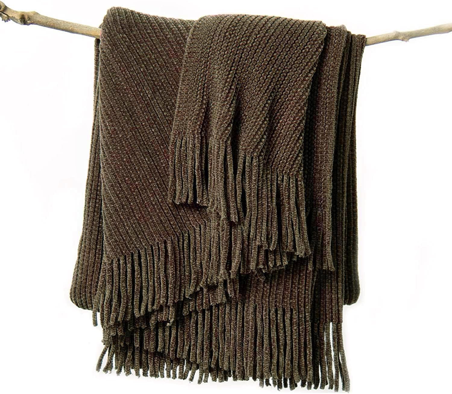 Chenille Boho Beige Throw Pillow — 60" — J-dark Brown