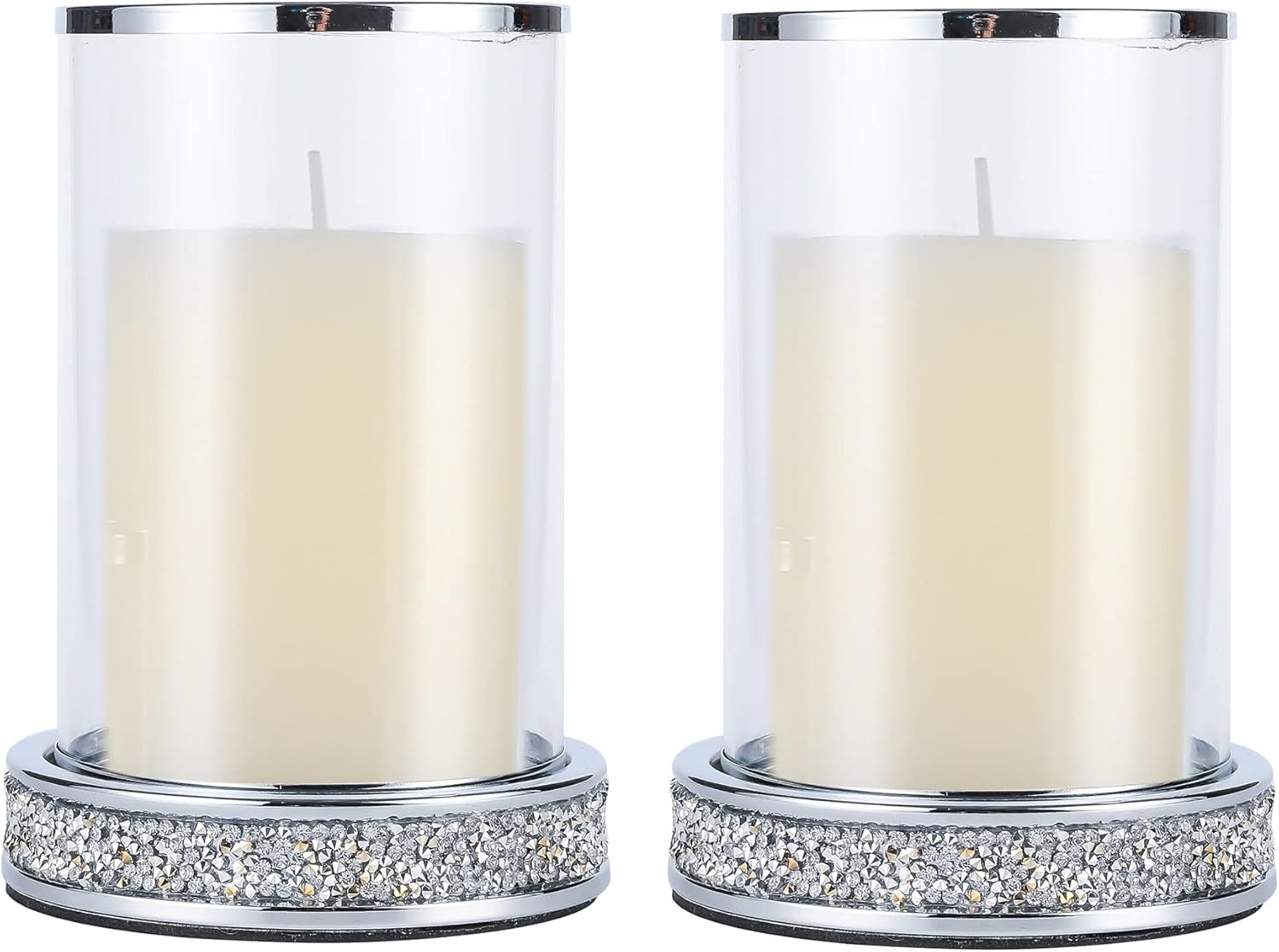Beige Pillar Candle — Set of 2 — Silver Rhinestone
