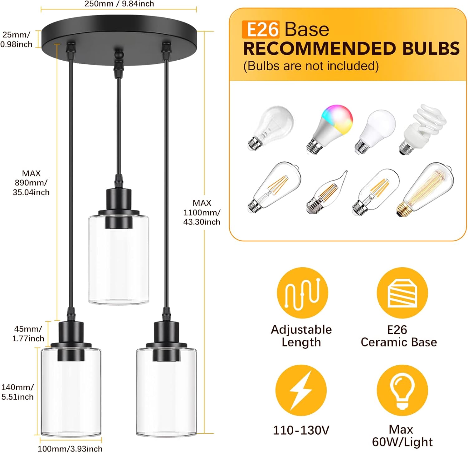 Adjustable Black Pendant Light — 3-Light - View 3