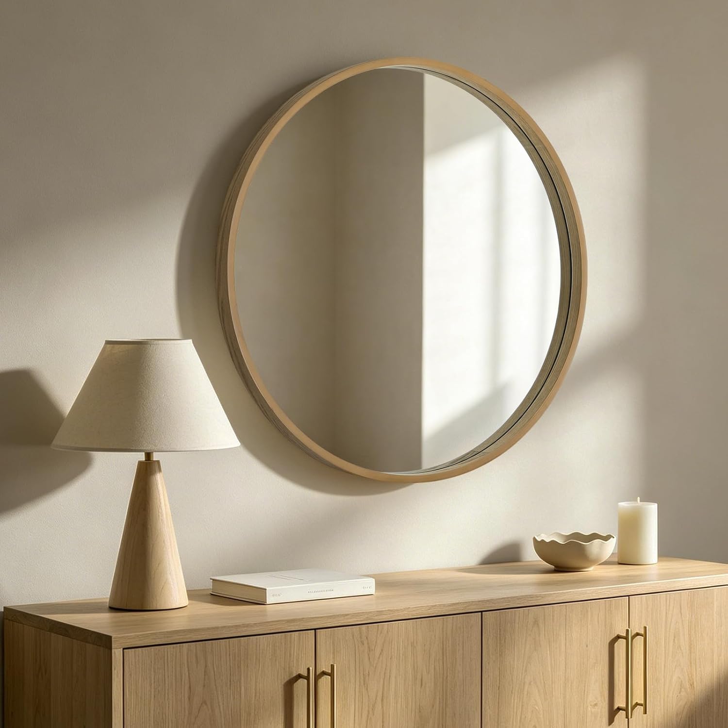 Framed Farmhouse Beige Wall Mirror — 24" — Natural