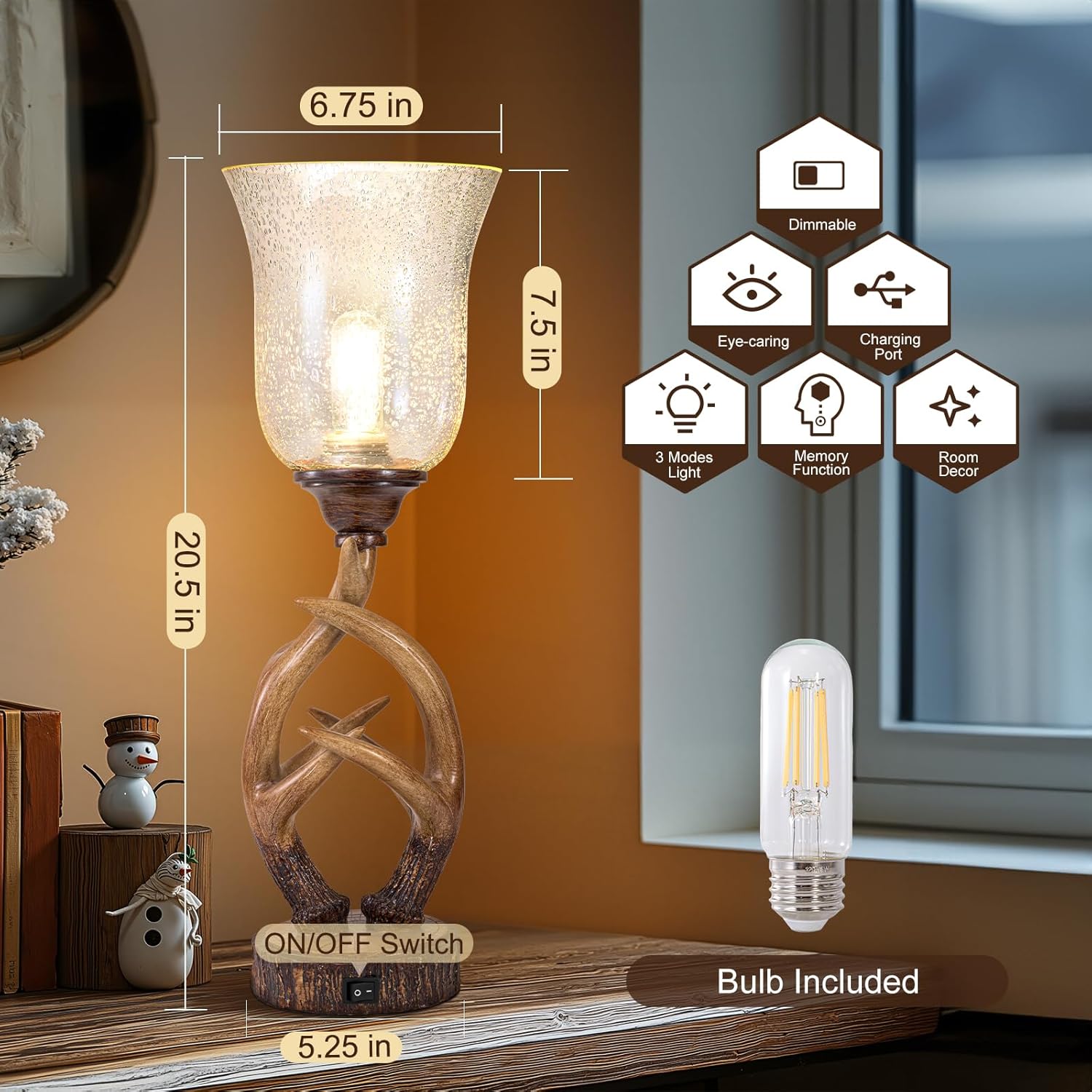 USB Farmhouse Brown Bedside Lamp - View 6