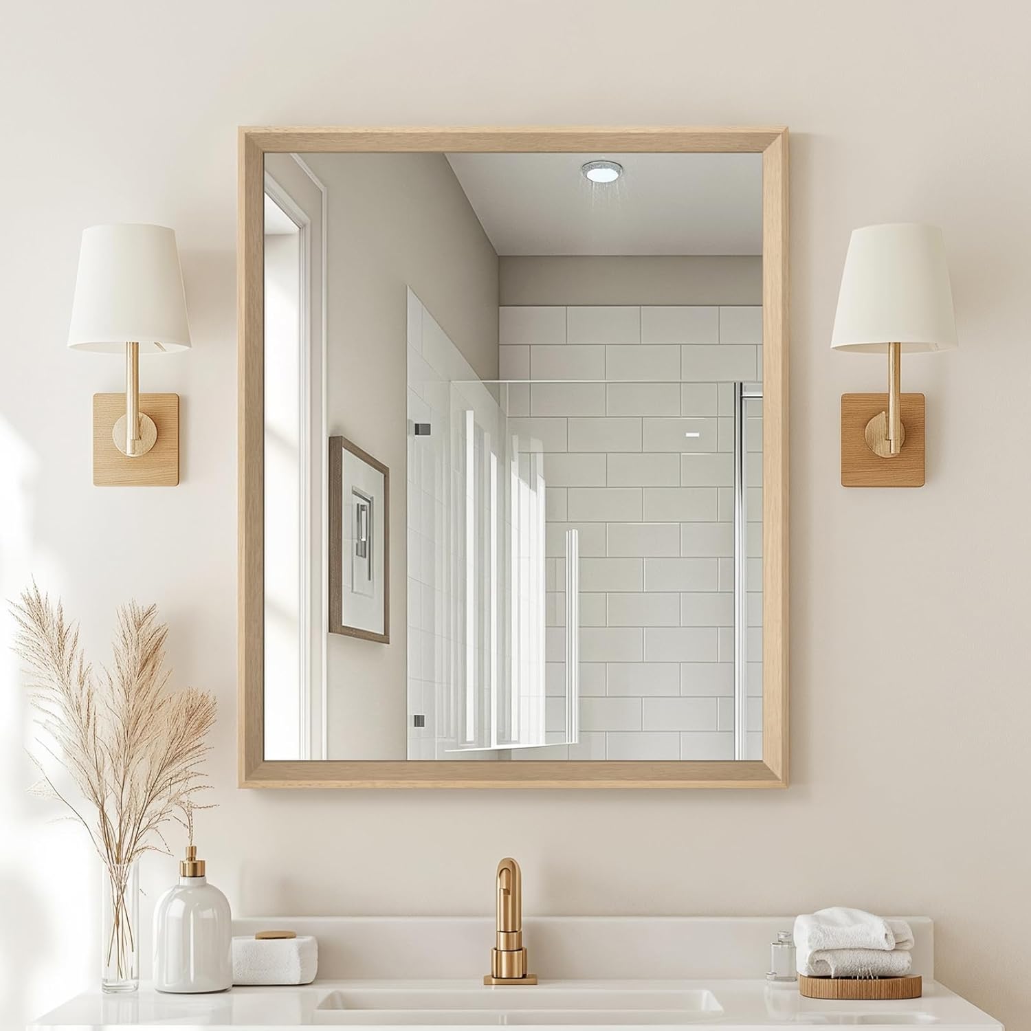 Framed Farmhouse Gold Wall Mirror — 20" — Oak Wood