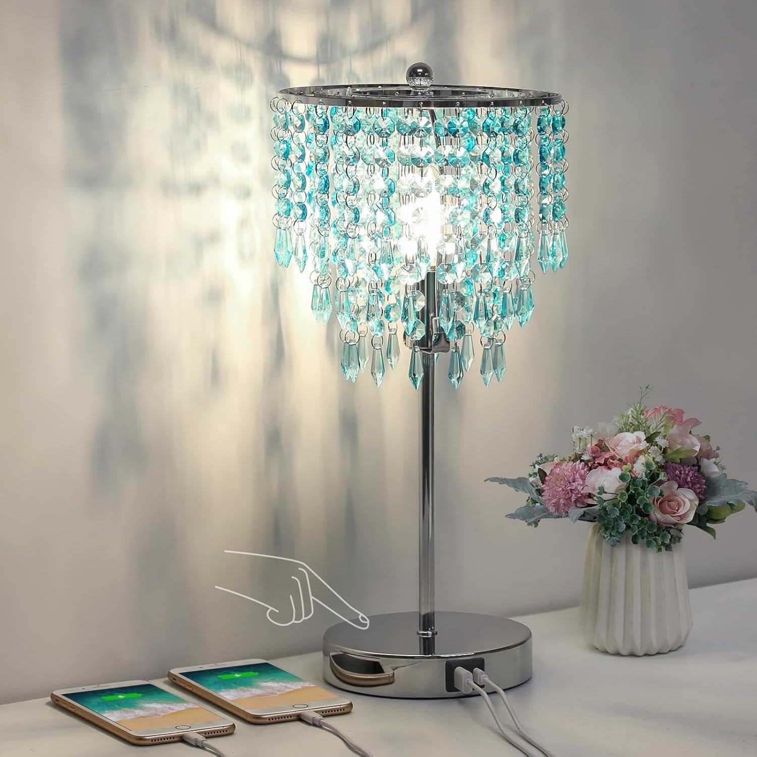 Dimmable Luxe Gold Nightstand Lamp — Light Teal