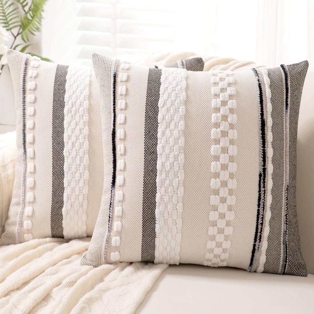 Chenille Boho Black Throw Pillow Cover — 18" — White Stripe