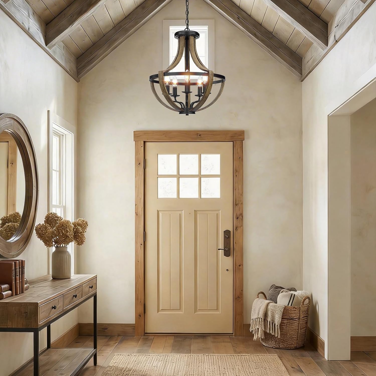 Adjustable Farmhouse Wood Chandelier — 5-Light - View 5