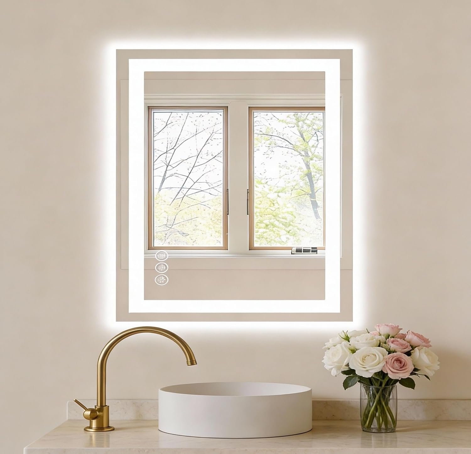 Round Luxe Beige Wall Mirror — 30" — White-rectangular-led