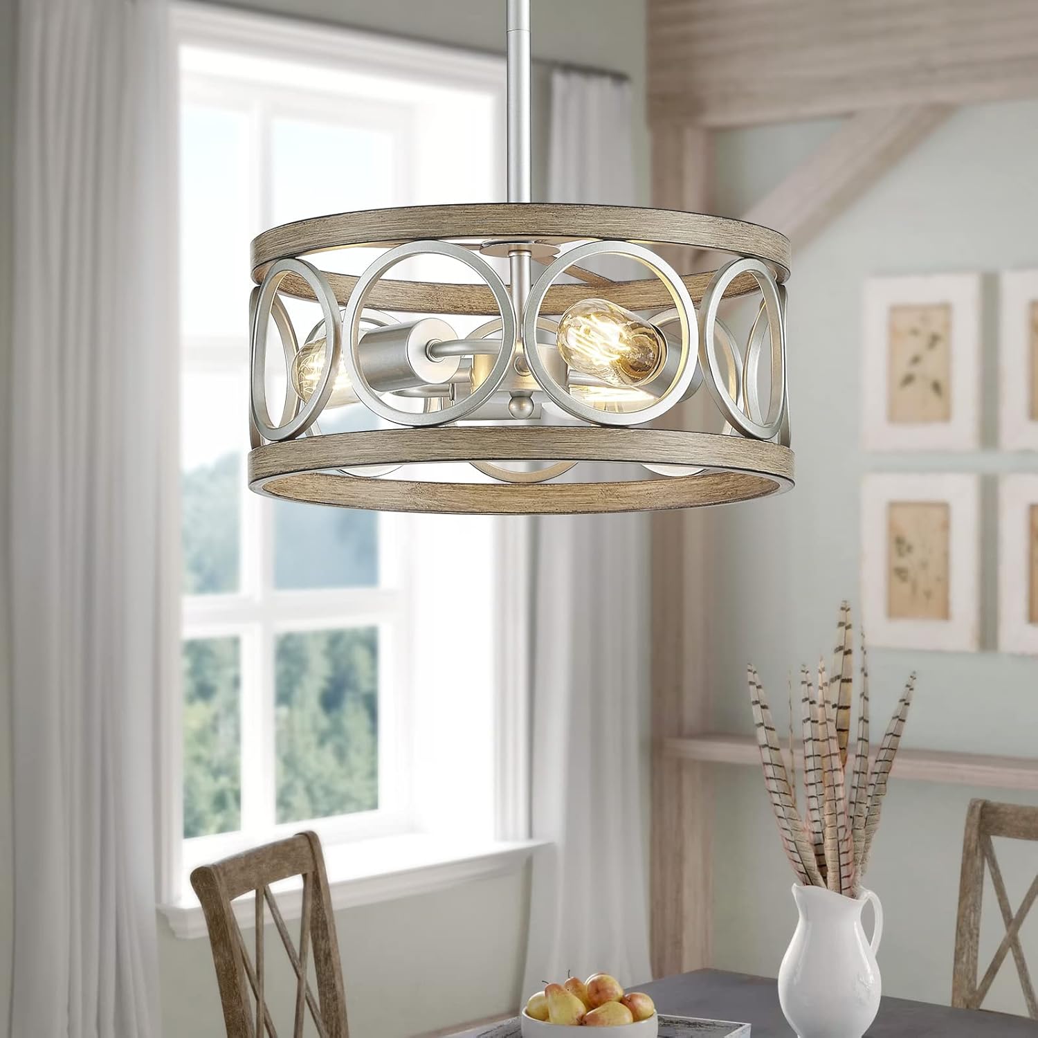 Round Farmhouse Black Chandelier — 5-Light — Brushed Nickel Drum Pendant-3 Light