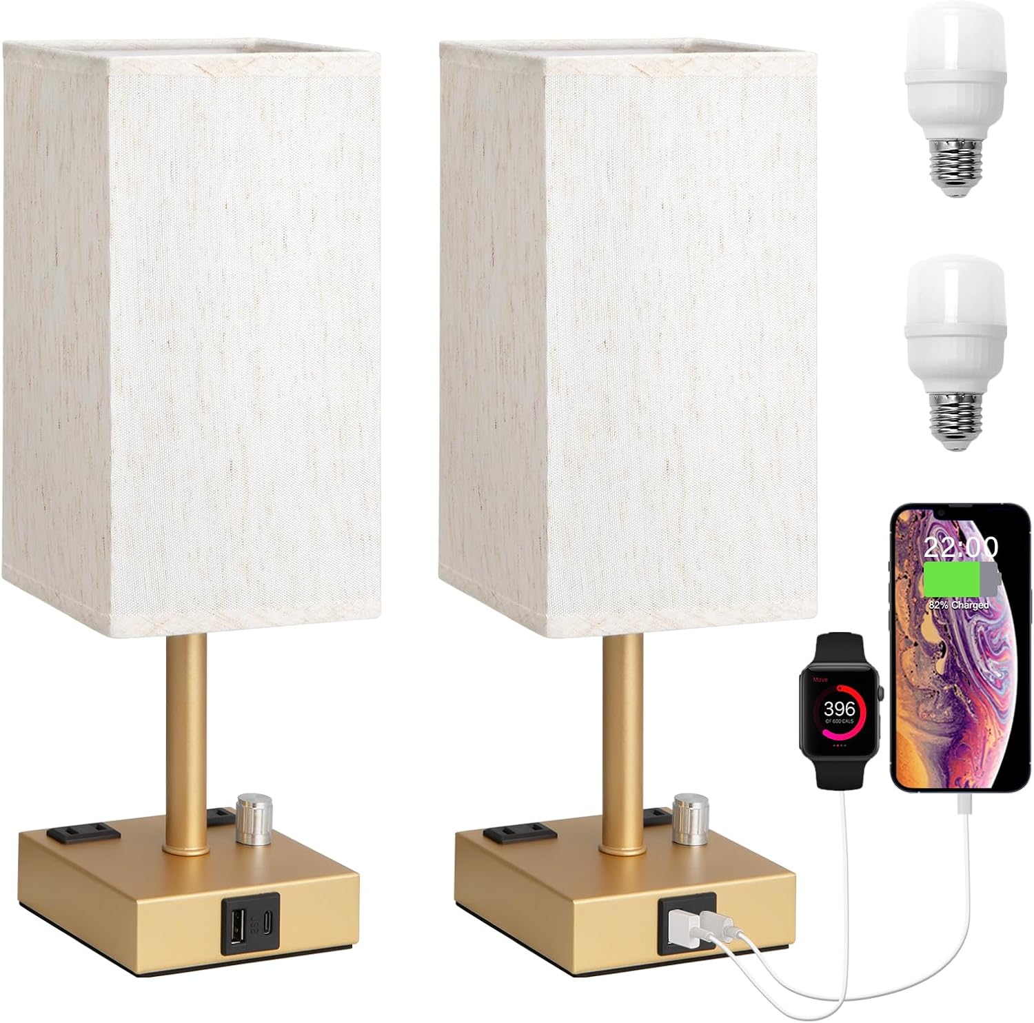 Dimmable Beige Bedside Lamp — Set of 2 — Gold