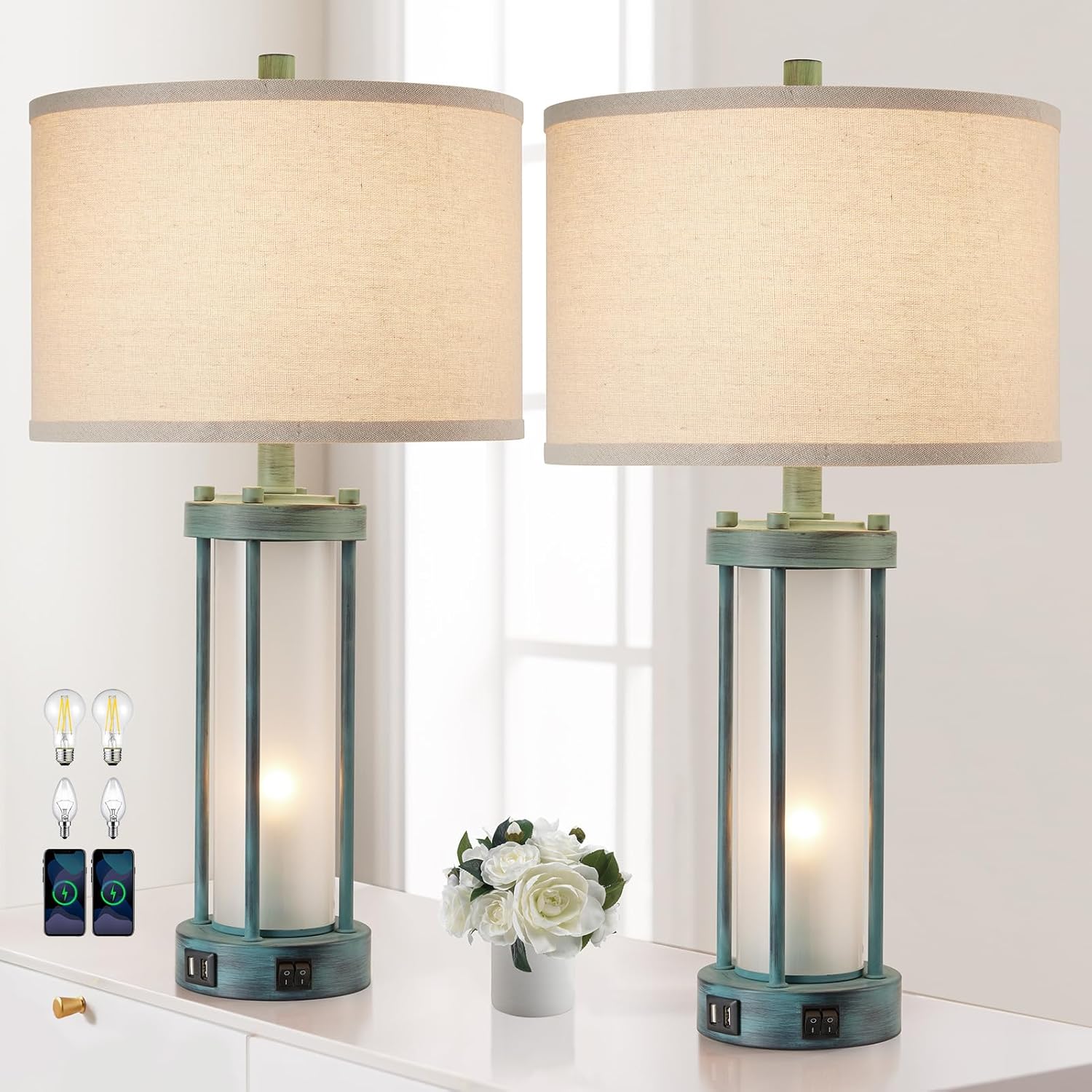 USB Charging Farmhouse Black Desk Lamp — Retro Green