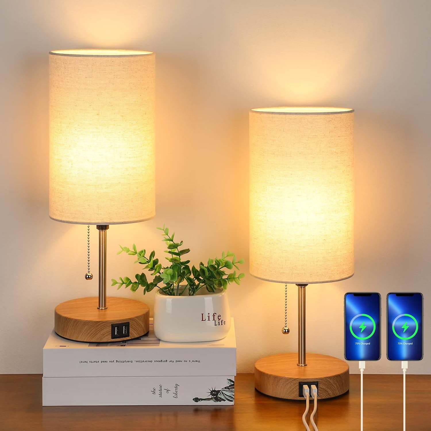 USB Modern Beige Desk Lamp — Set of 2 — Beige