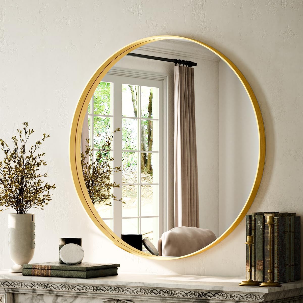 Round Modern Black Mirror — 24" — Gold