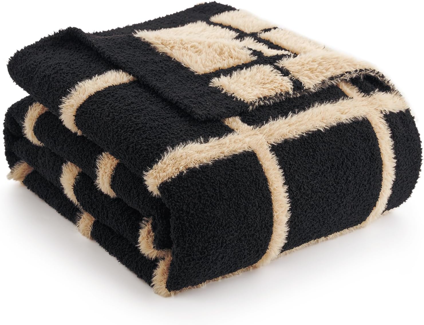 Knit Beige Throw Pillow — 50" — Textured Plaid Black