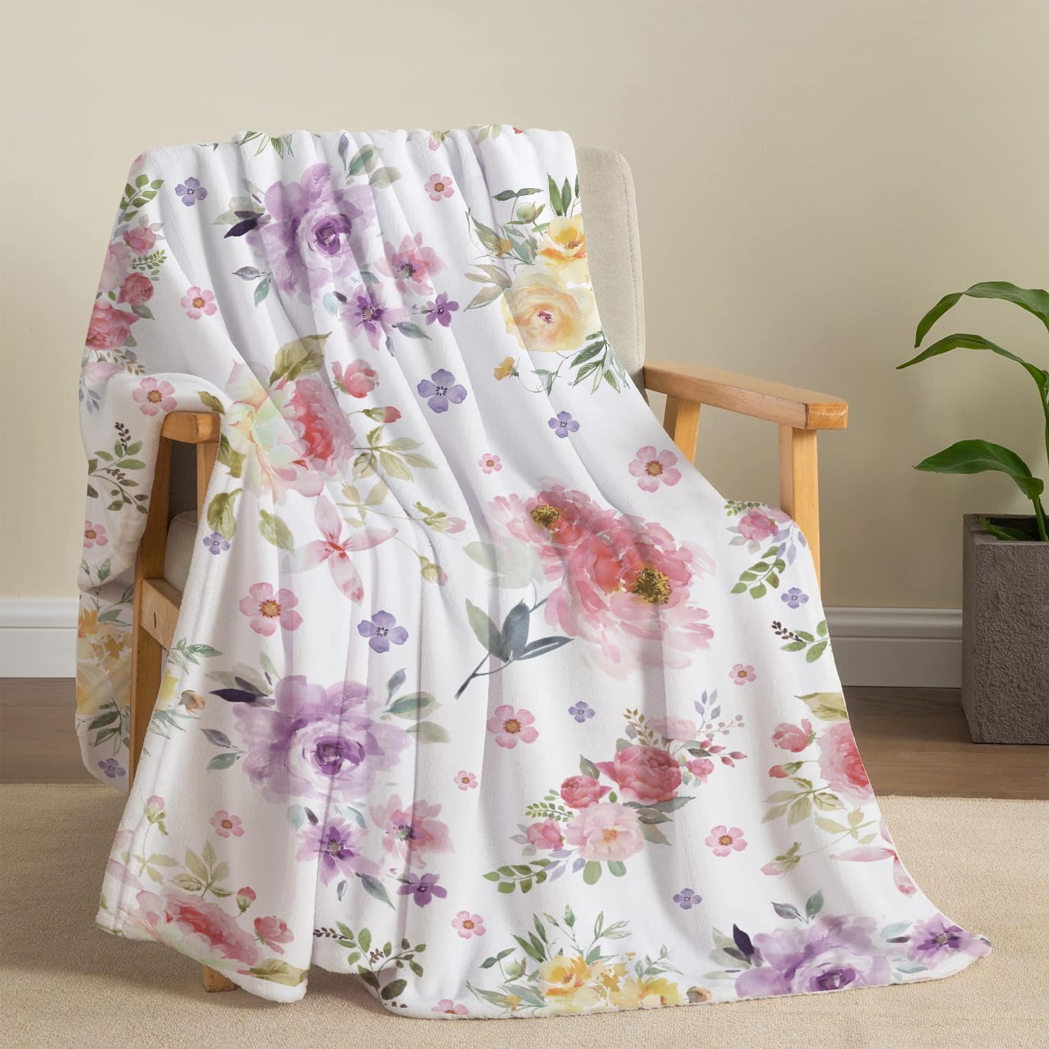 Black Throw Pillow — 50" — Watercolor Flowers