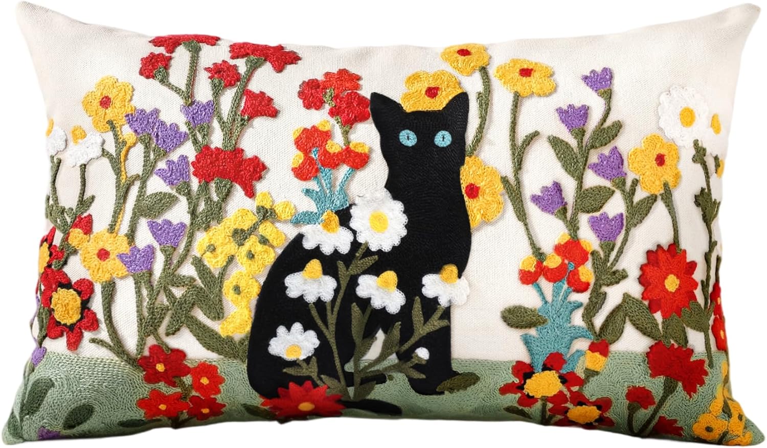 Embroidered Boho Yellow Throw Pillow Cover — 18" — Flower Cats