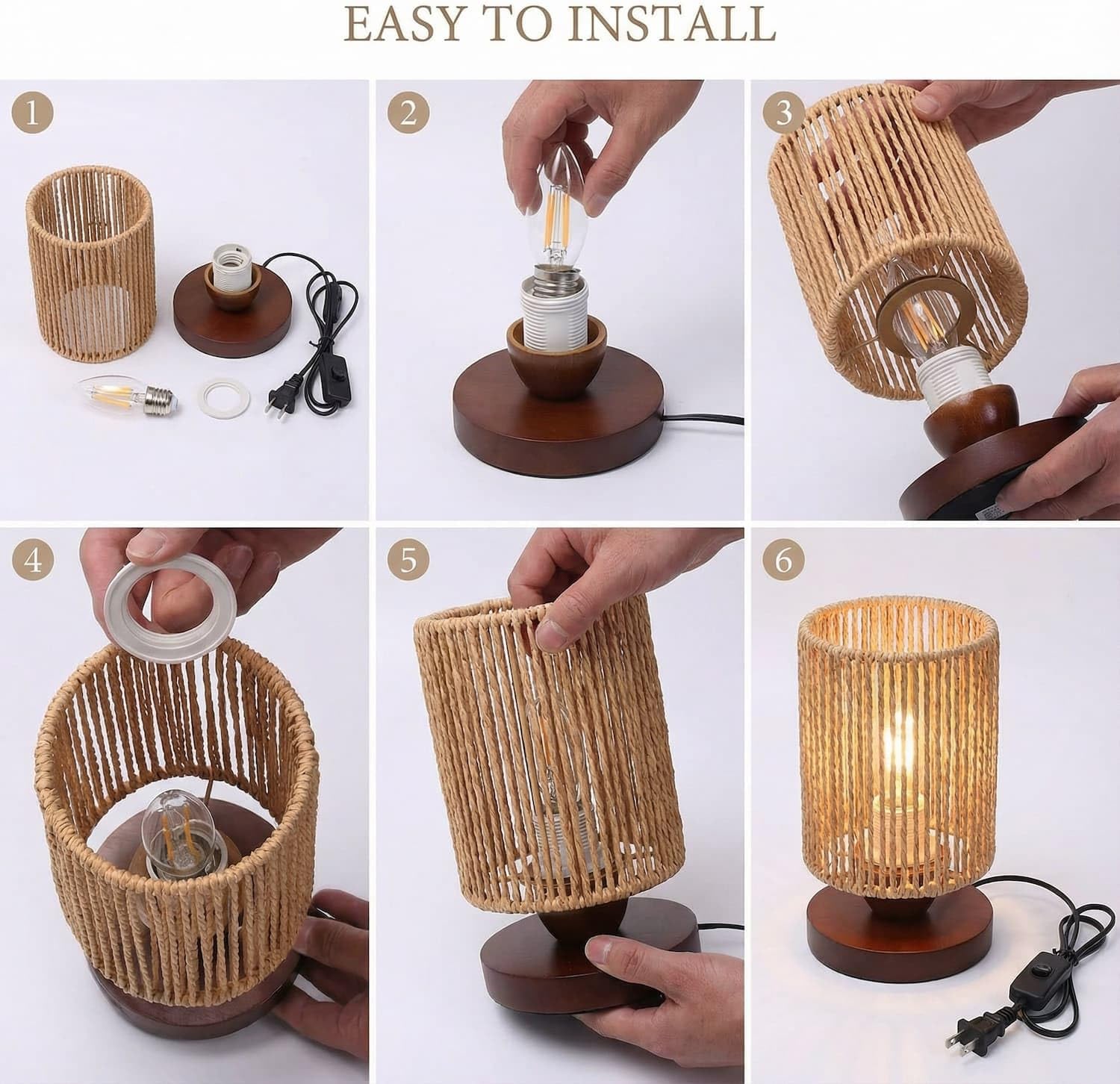 Handwoven Boho Wood Bedside Lamp — 8.6" - View 4