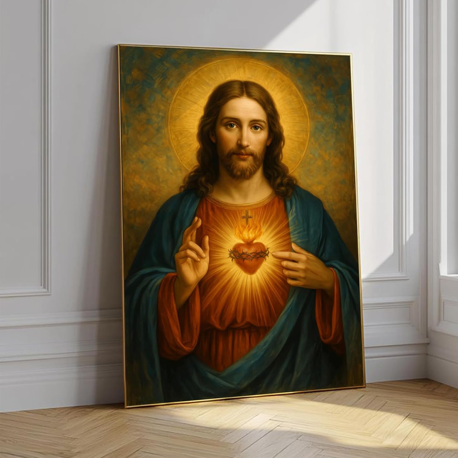 Luxe Blue Canvas Wall Art — 36" — Golden Sacred Heart of Jesus