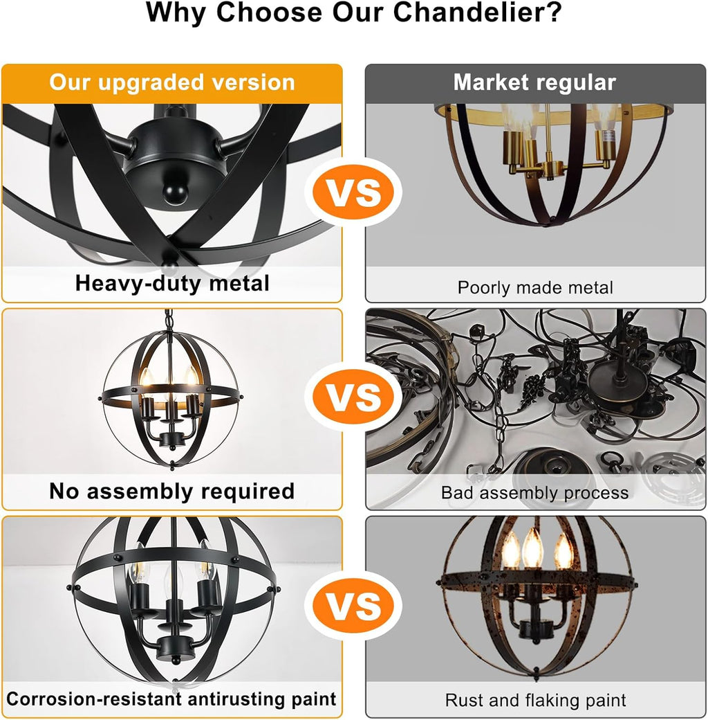 Vintage Black Chandelier — 3-Light - View 2