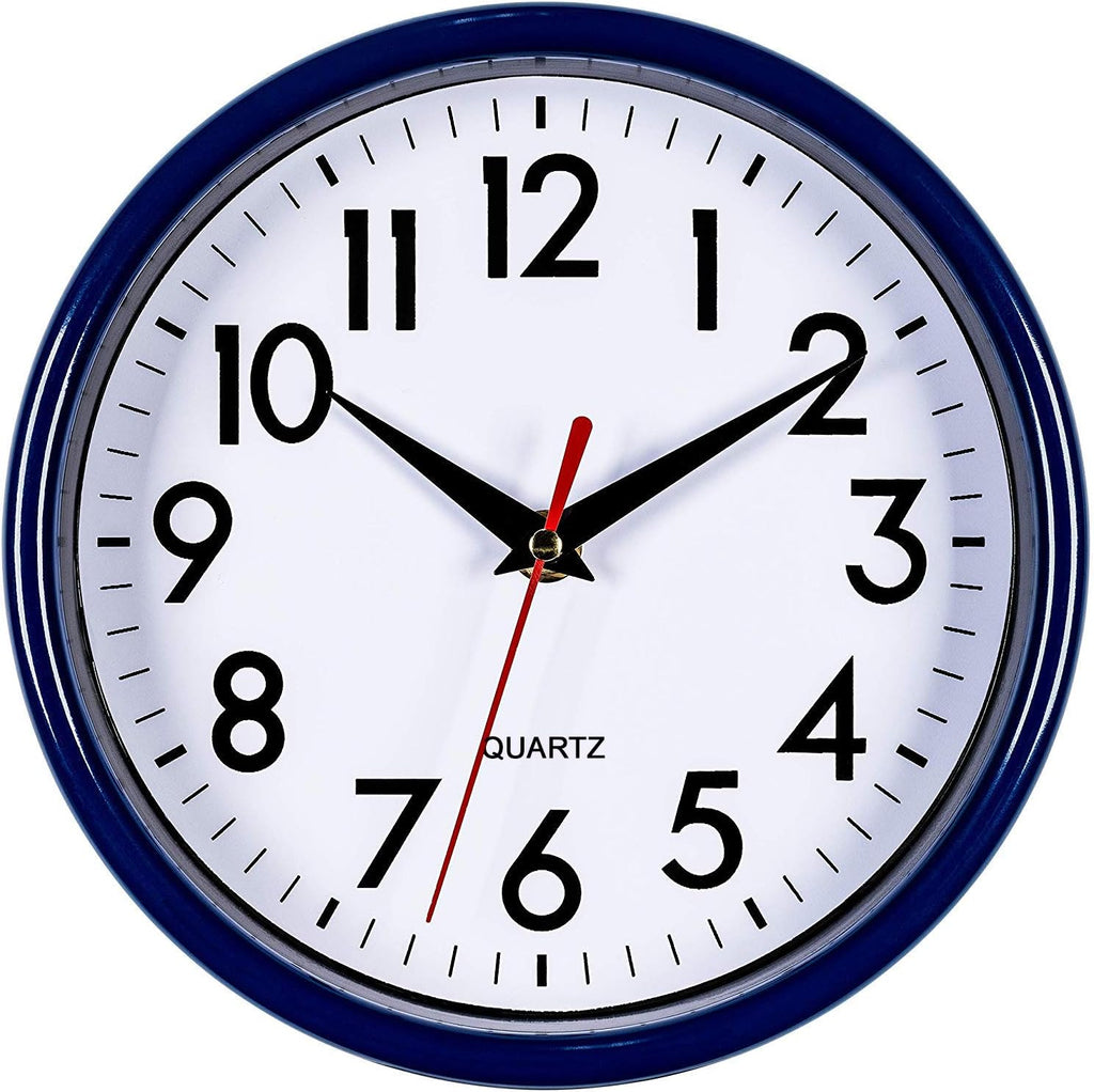 Battery Operated Mid-Century Black Wall Clock — 8" — Navy Blue